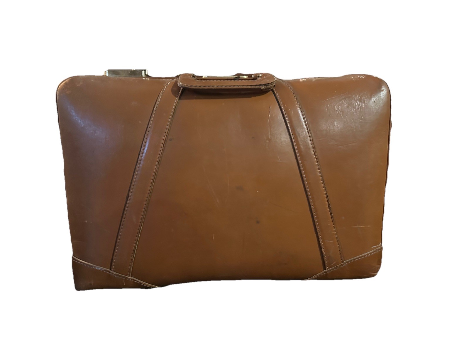 Vintage Early 1950’s Saddle Brown Tan Leather Luggage 21″L x 14″H x 7″D