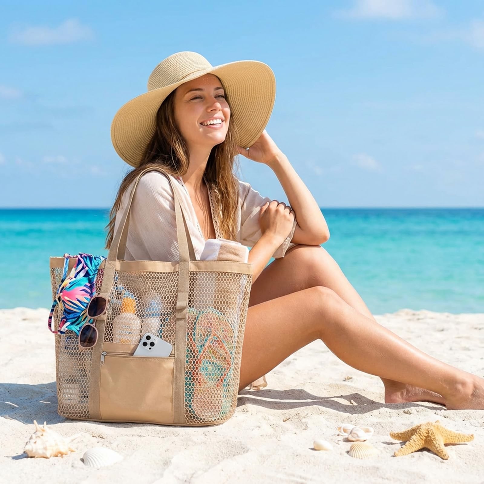 Dntorx Womens Mesh Beach Bag Durable Stylish Beach Tote For Swimming Essentials