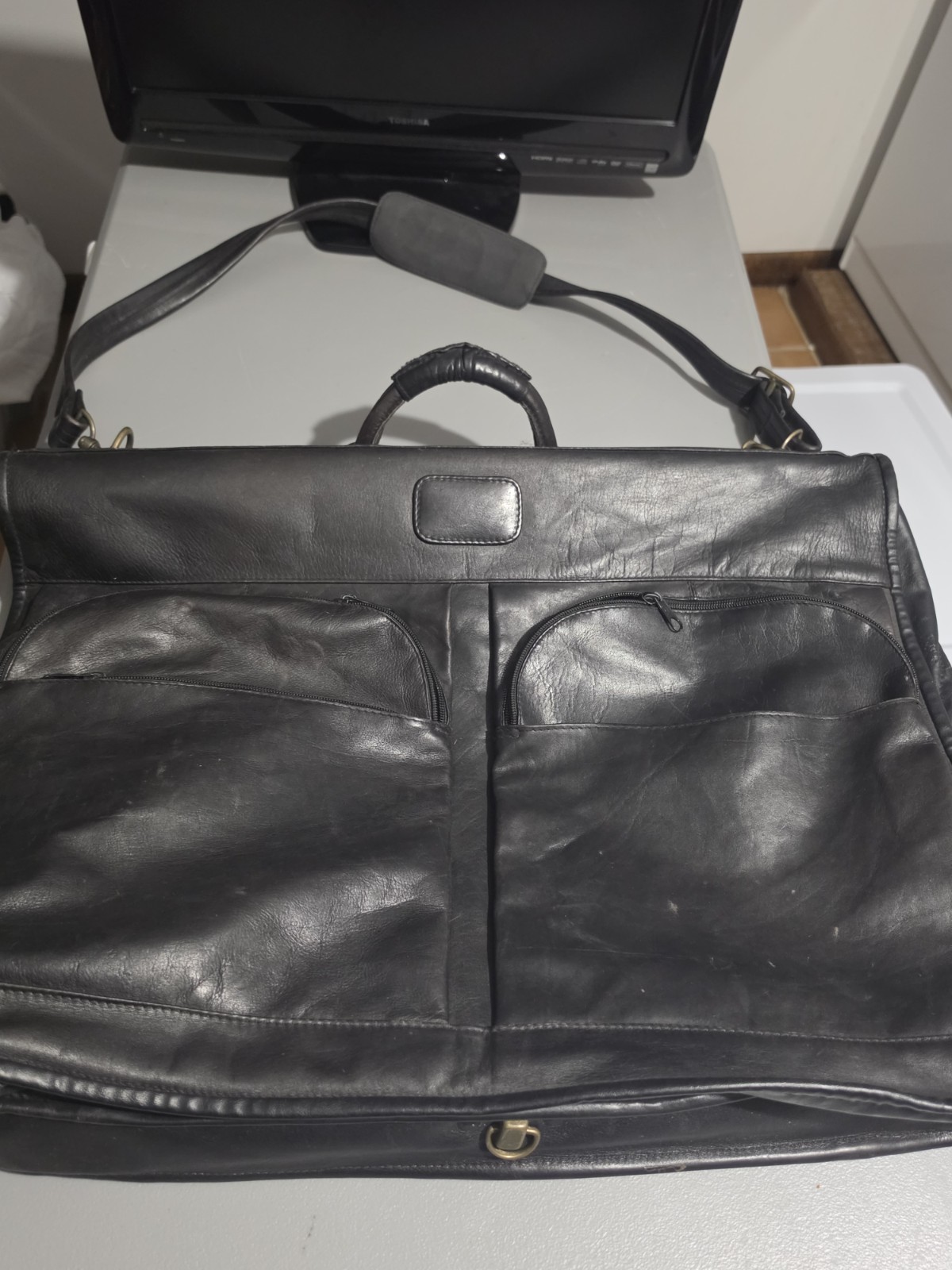 Vinatge Leather Garment Bag Black W Shoulder Strap