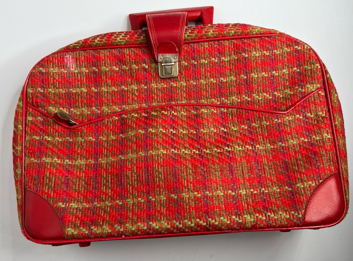 Vintage Suitcase Plaid Made in Japan Red Vinyl Pockets Zipper Retro Travel