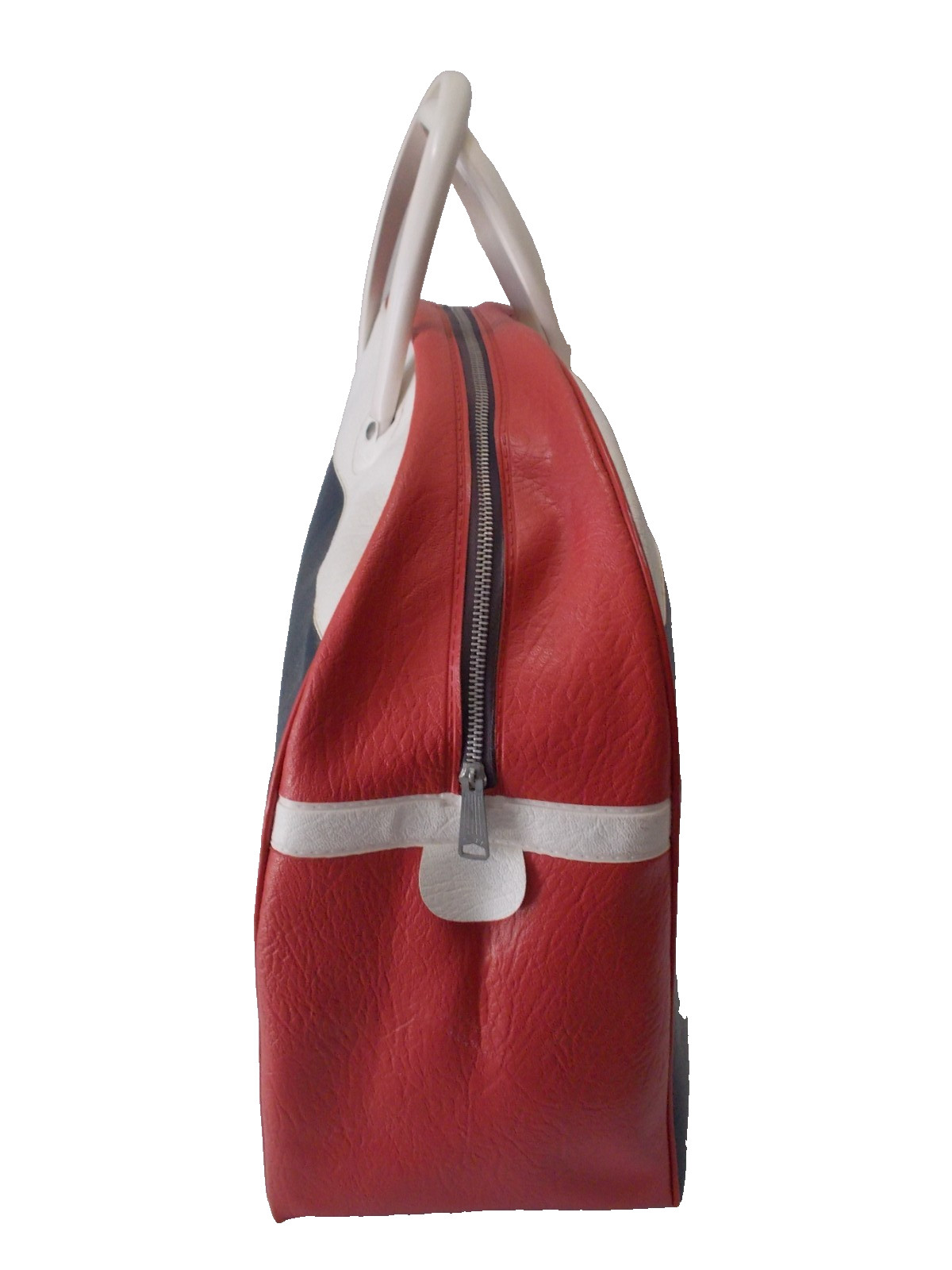 VTG 1960’s Red White Blue LARGE Faux Leather Zip Top Handle Travel Bag Luggage