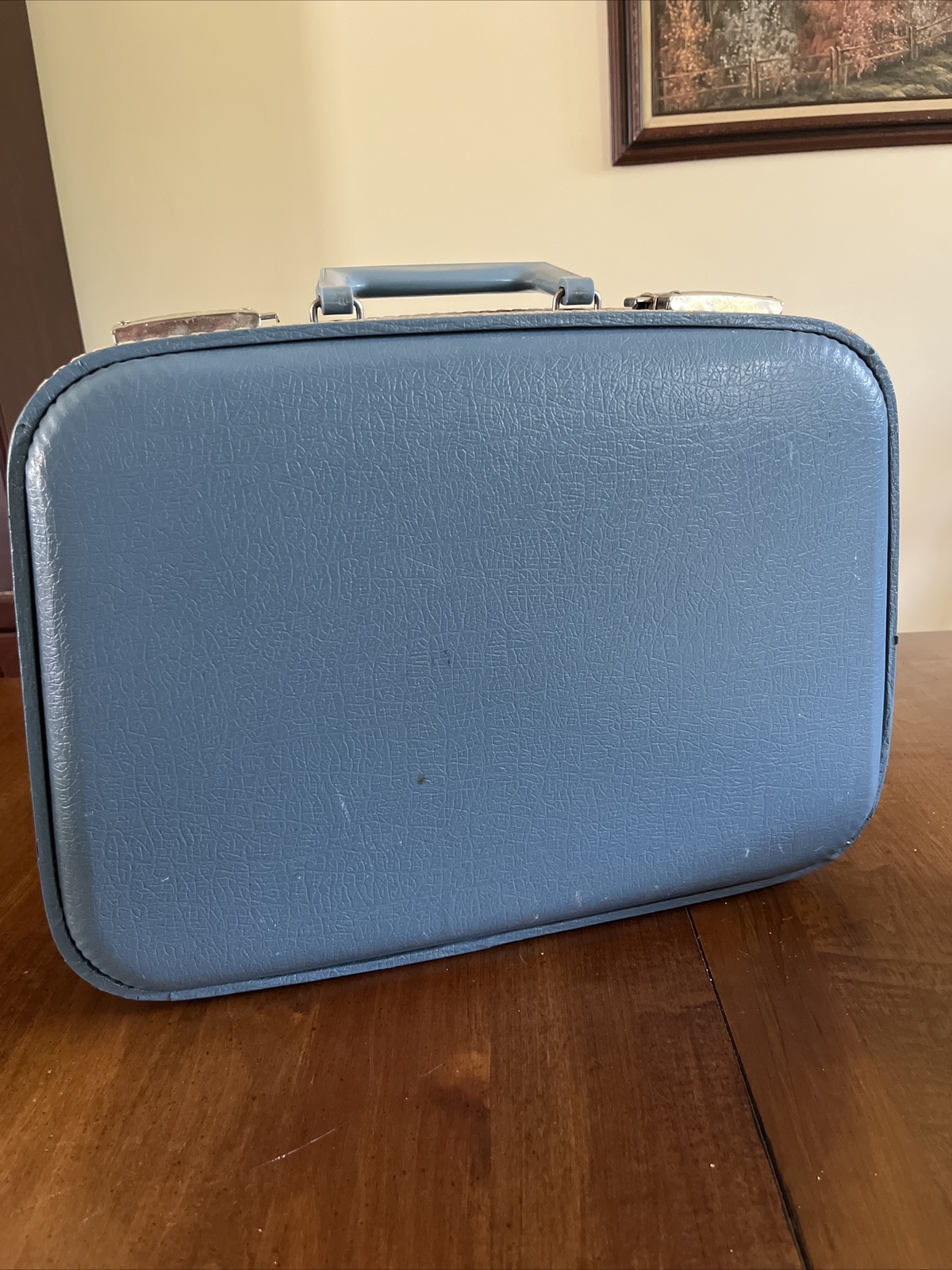 Vtg 16″ Blue Hard Suitcase Travel Carry On Make up Mirror Customs Sticker