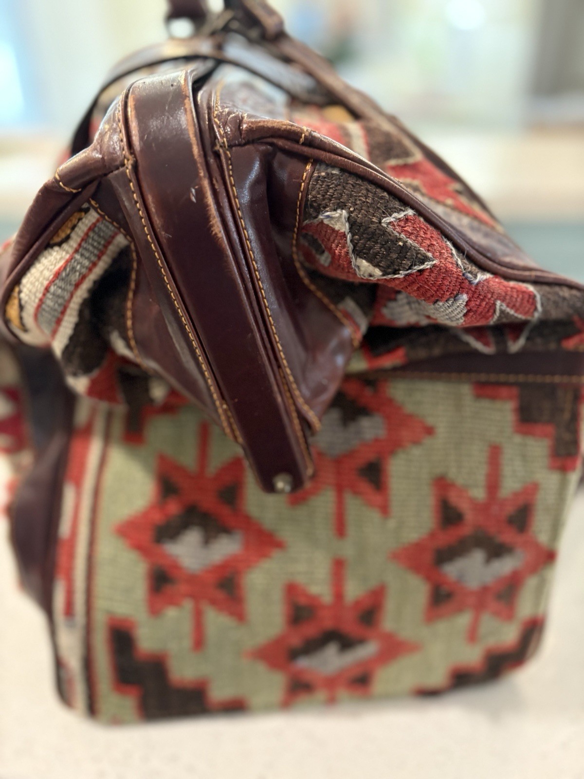 Vintage Leather & Kilim Carry On Travel Weekender Luggage Carpet Bag Overnight