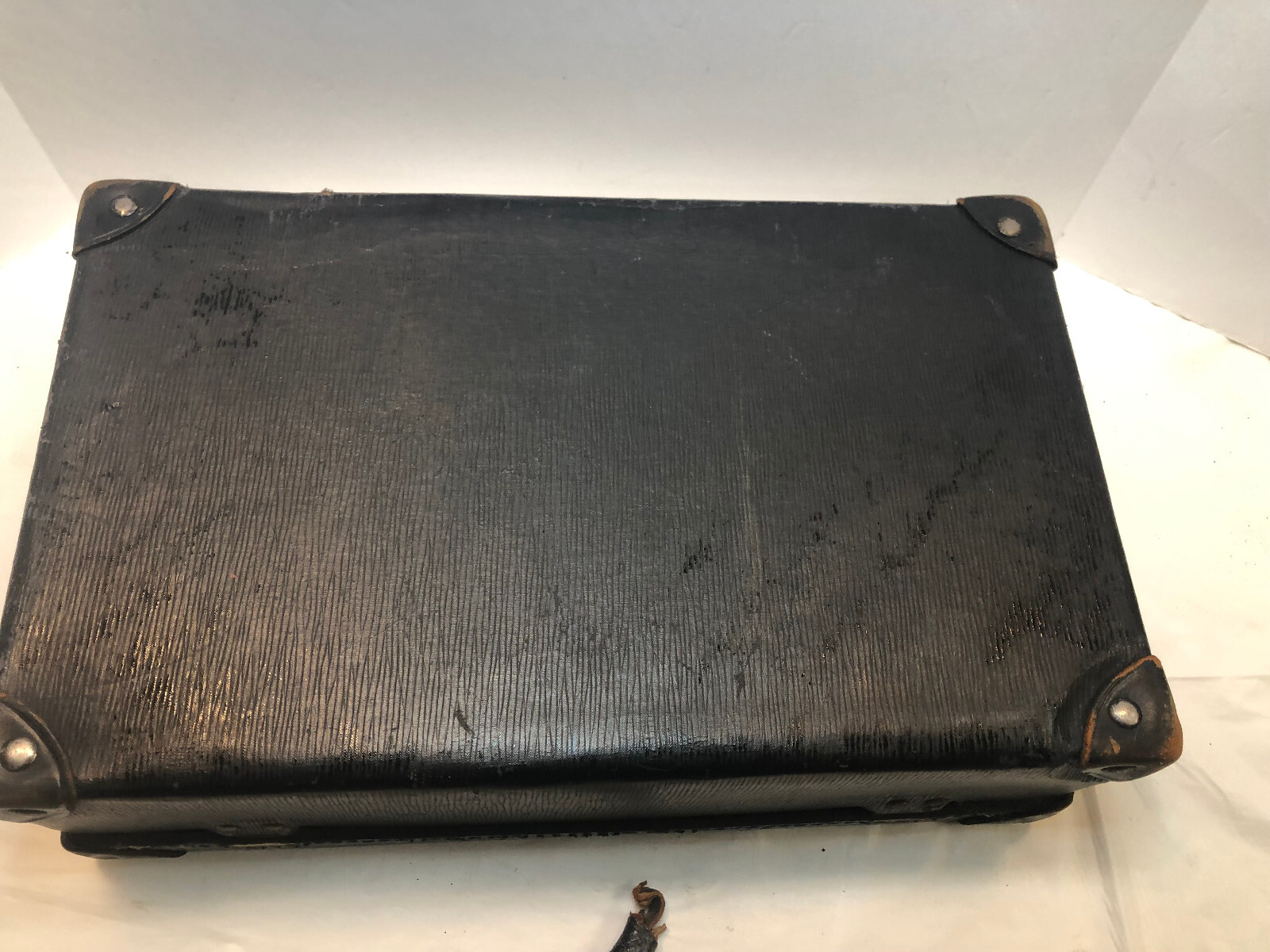 Vintage Black Faux Leather Suitcase Leather Handle MAR Initials 18 x 11 x 5.5