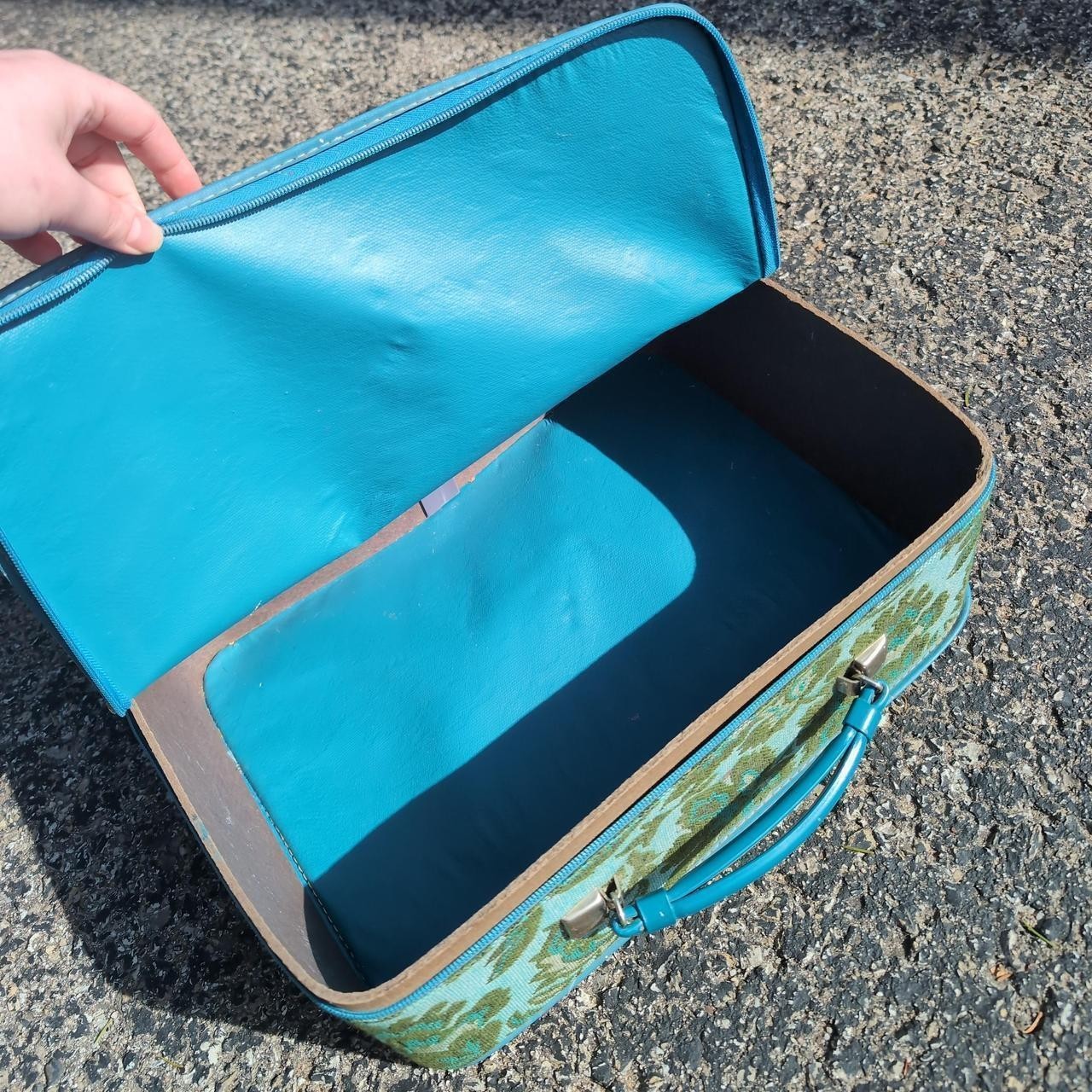 Blue and green vintage floral print suitcase carry on luggage 60s MCM