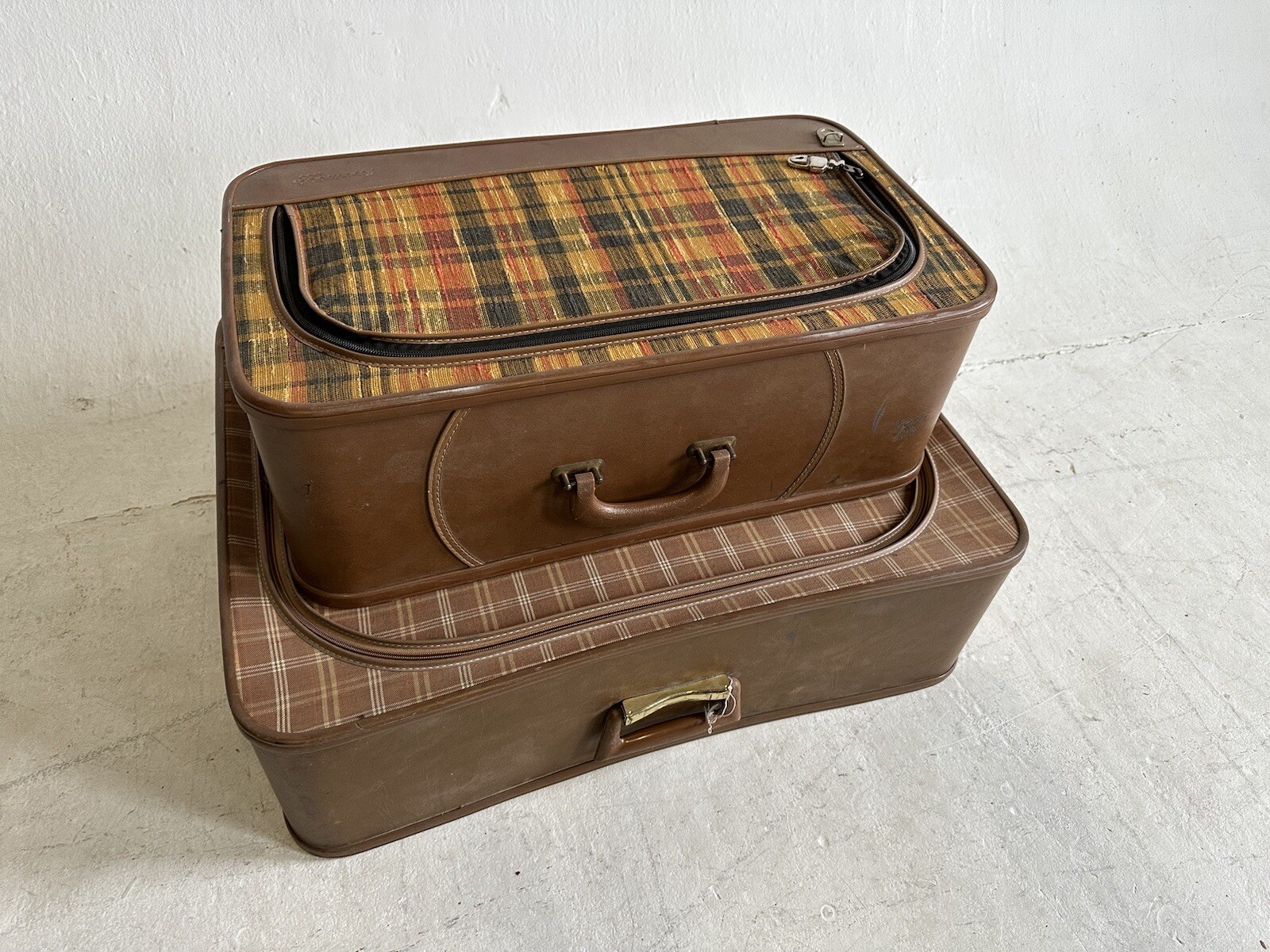 Vintage Plaid Suitcase Luggage Yellow Red Brown Case Retro Antique Mid Century
