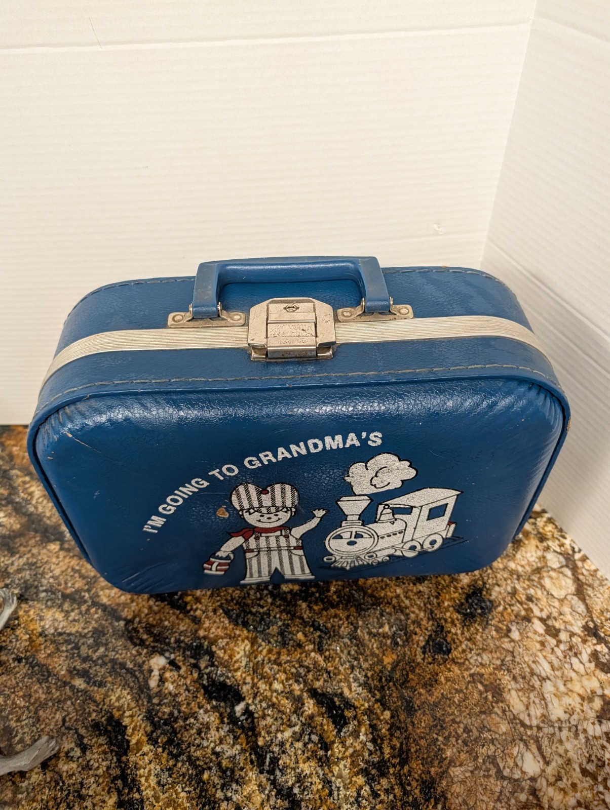Vintage Small Blue Kids (Boy Train) “I’m Going to Grandma’s” Hard Sided Suitcase