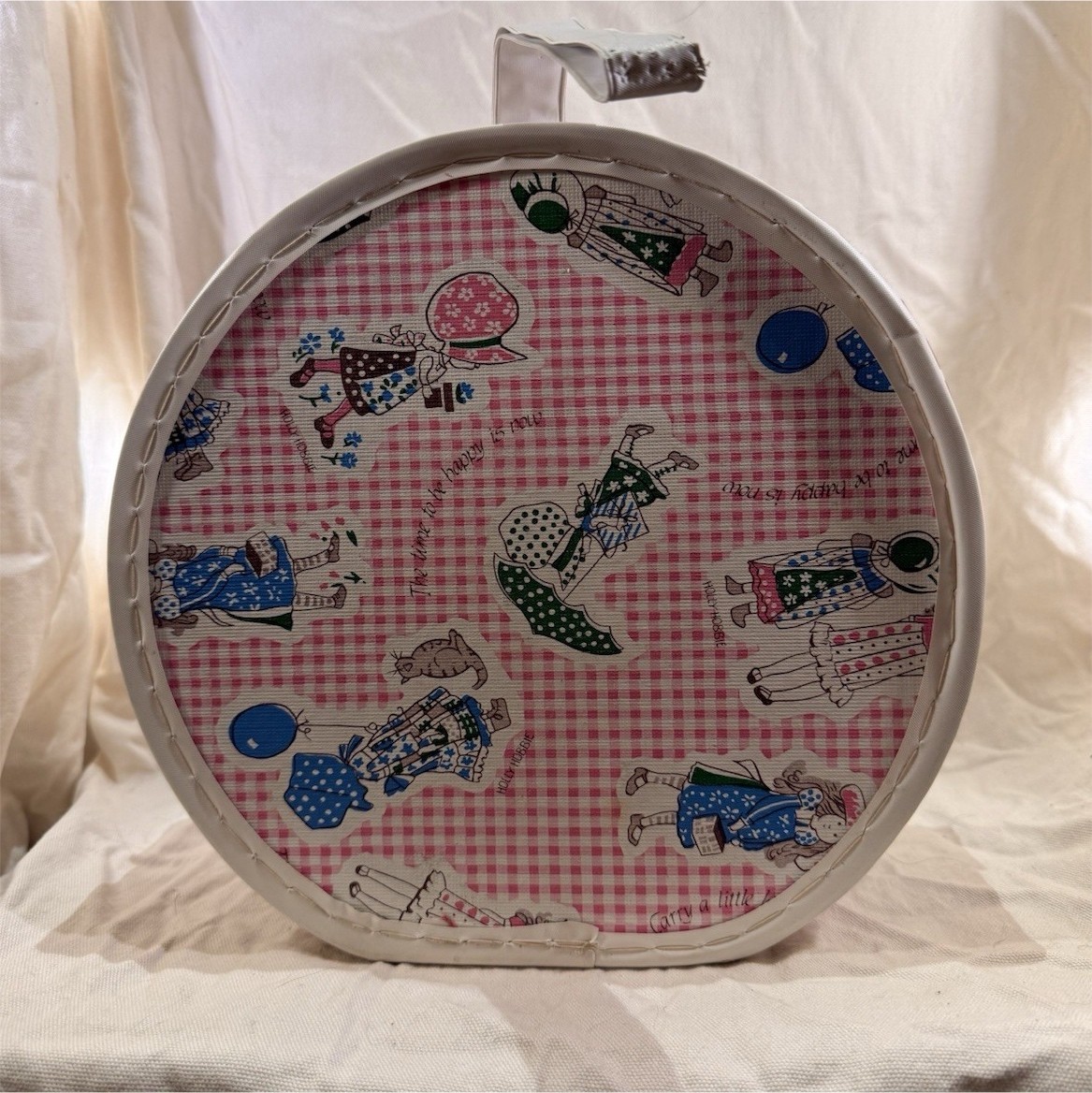 Vintage 1970s Holly Hobbie Round Carrying Case Hat Box Pink Gingham Miner Ind