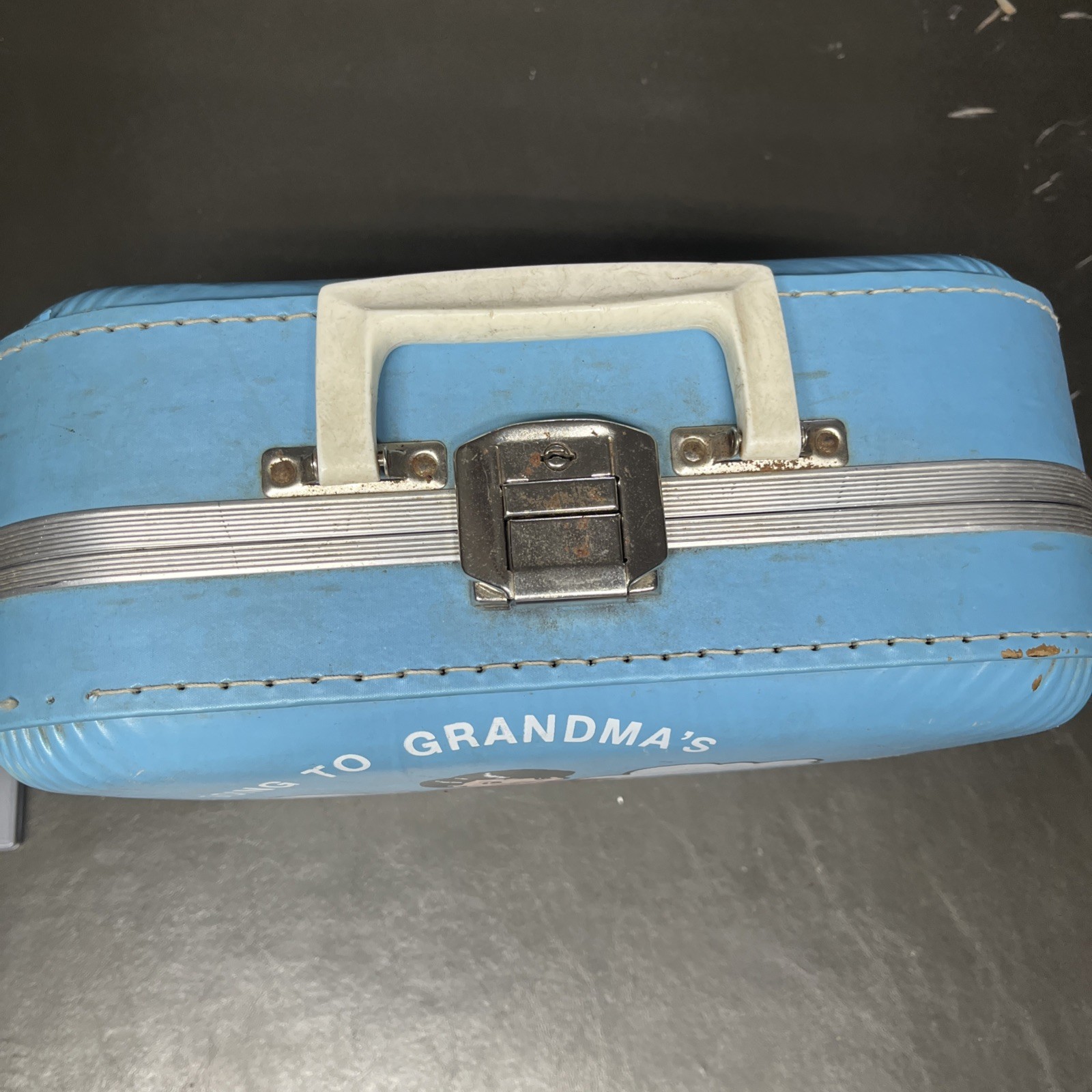 Vintage 1960s Blue Hard Shell Child’s Suitcase “Going to Grandma’s” w/ Boy & Dog