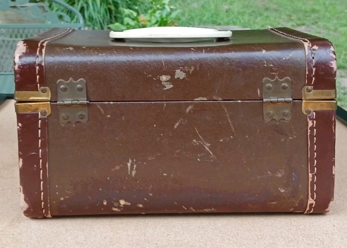 Canvas Covered Hard Brown Travel Train Case Leather Handle No Key Worn VtgDecor