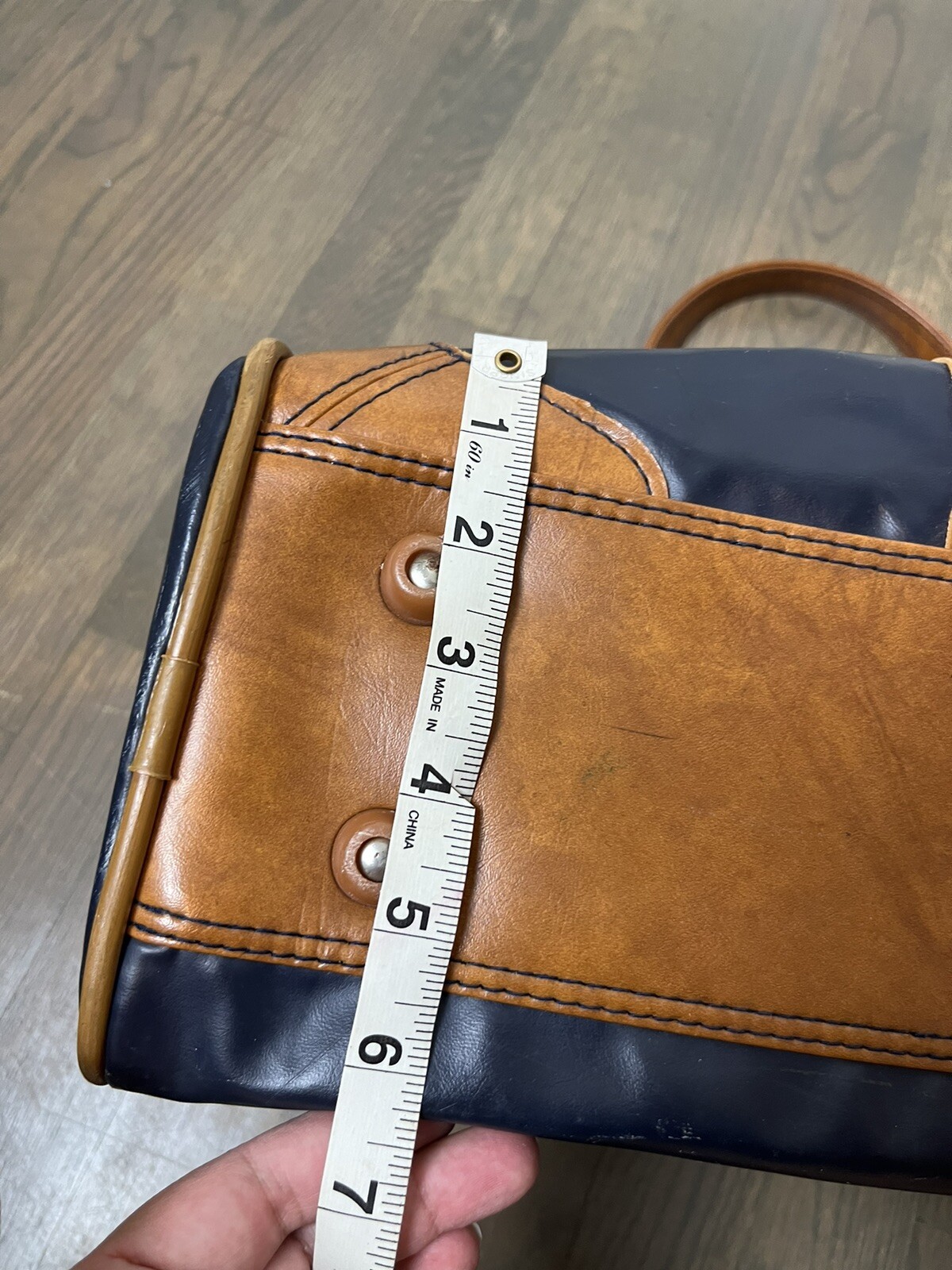 Vintage Skyway Luggage Duffle Bag Navy Blue Plastic Brown Trim Striped Canvas