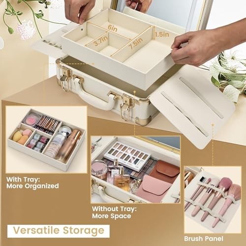 Lighted Makeup Case with Detachable Tray Makeup Box Beige Vegan Leather