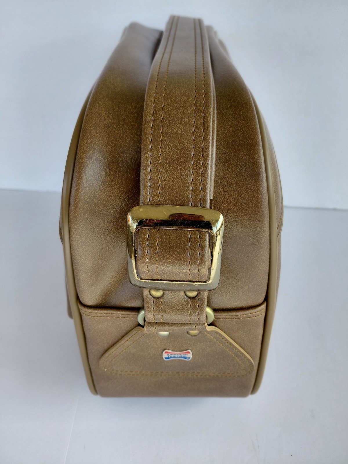 American Tourister 1970s Faux Brown Leather Shoulder Carry On Overnight Bag