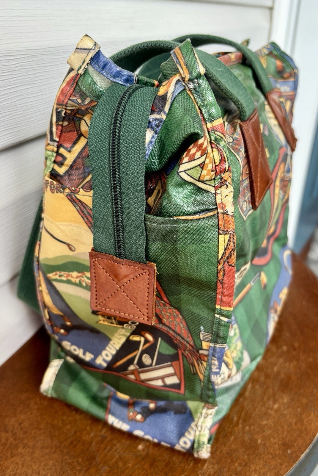 Vtg Nordic House Designs Tote Shoulder Bag Golf Theme Coated Canvas Leather Trim