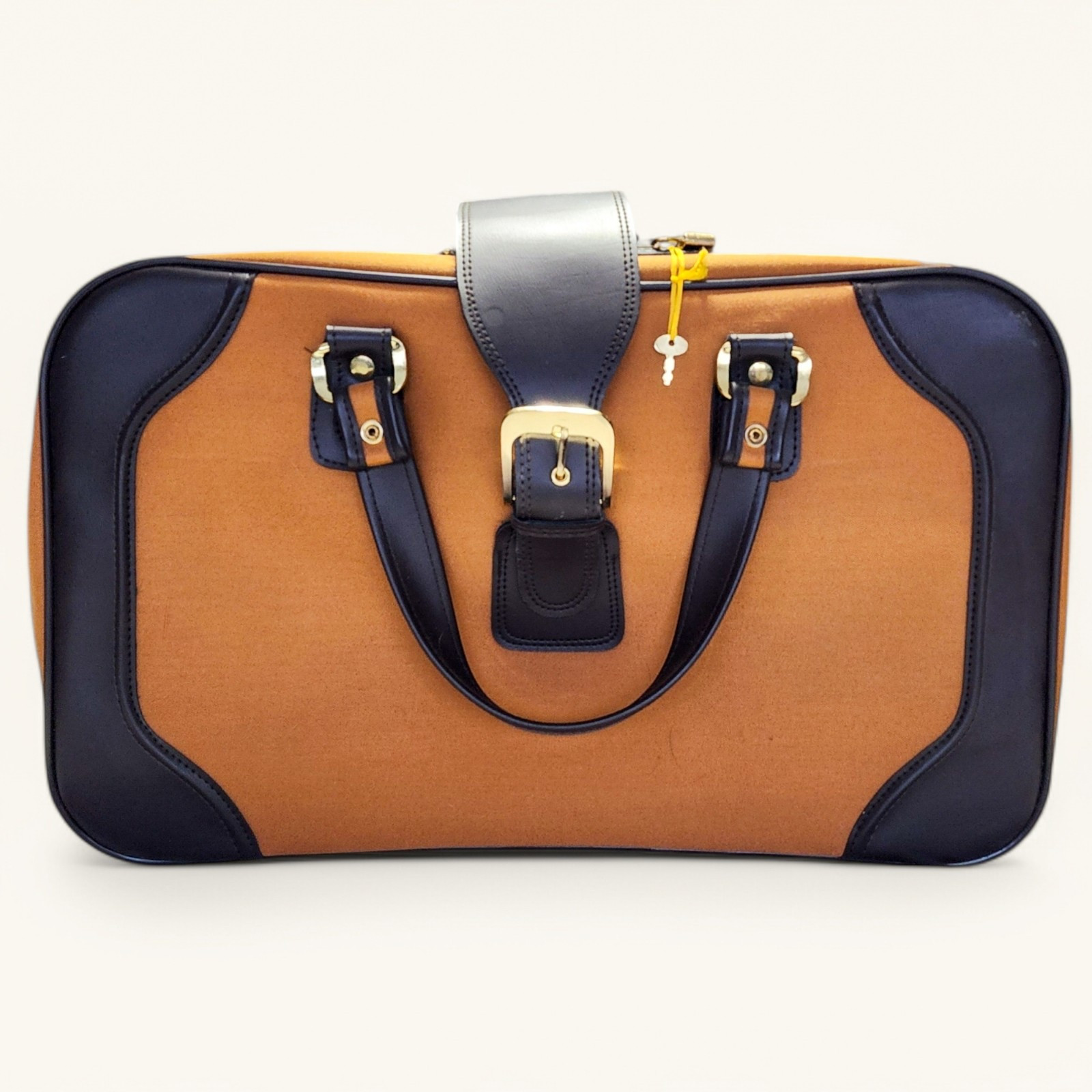 Vintage Carry On Suitcase Tan Brown Canvas Faux Leather 22in Travel 70s 80s