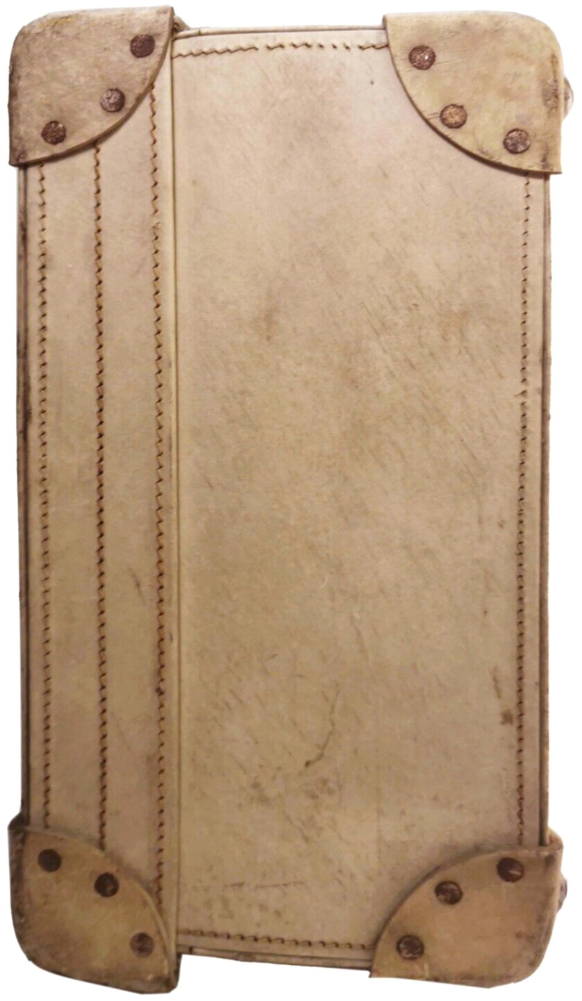 SCARCE 1920’S/30’S ANTIQUE HAND SEWN WHT LEATHER HARD SUITCASE W/TRAVEL STICKERS
