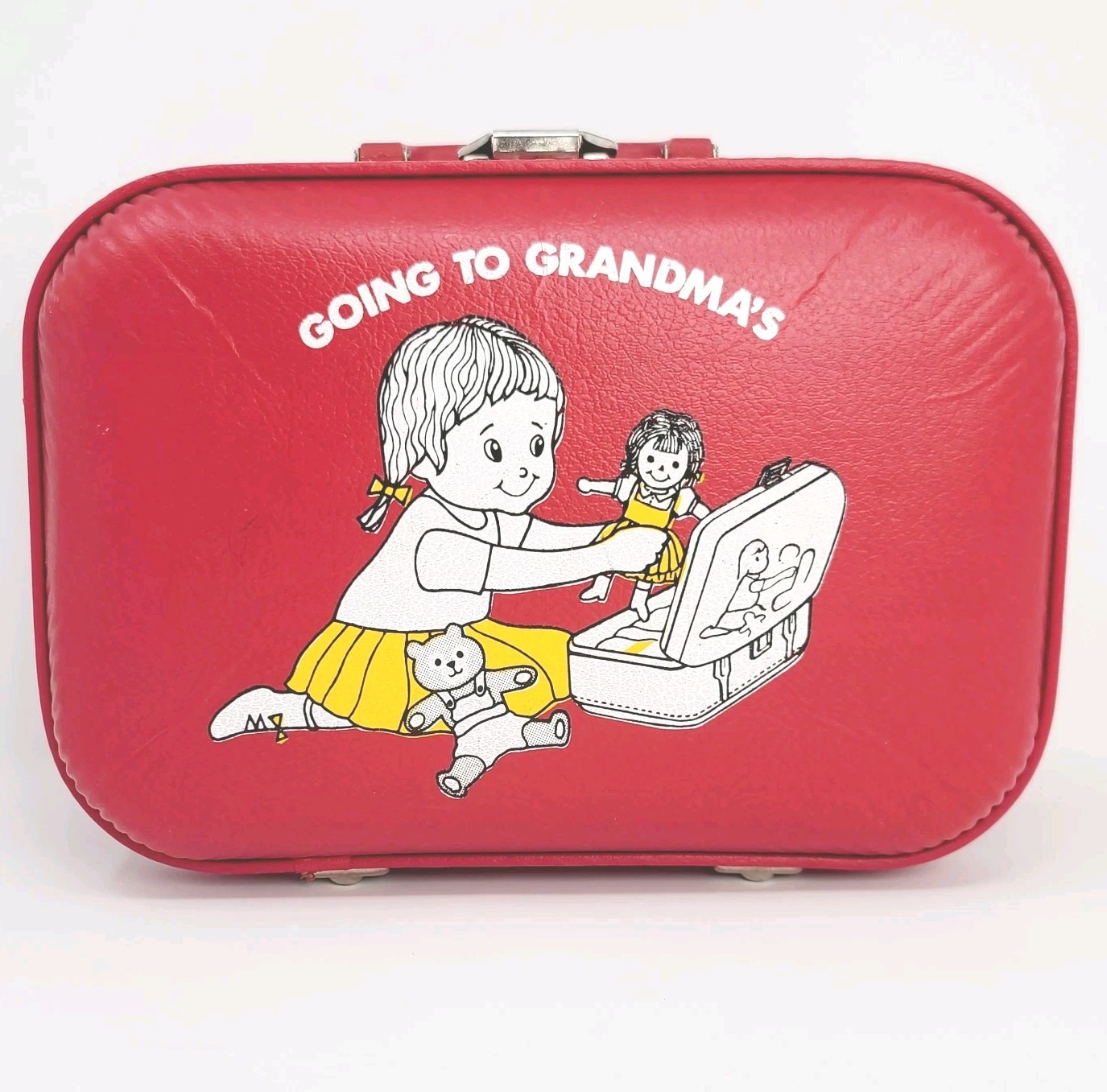 Going To Grandmas Vintage Suitcase Trojan Luggage Co Girl With Dolls Red 1960s
