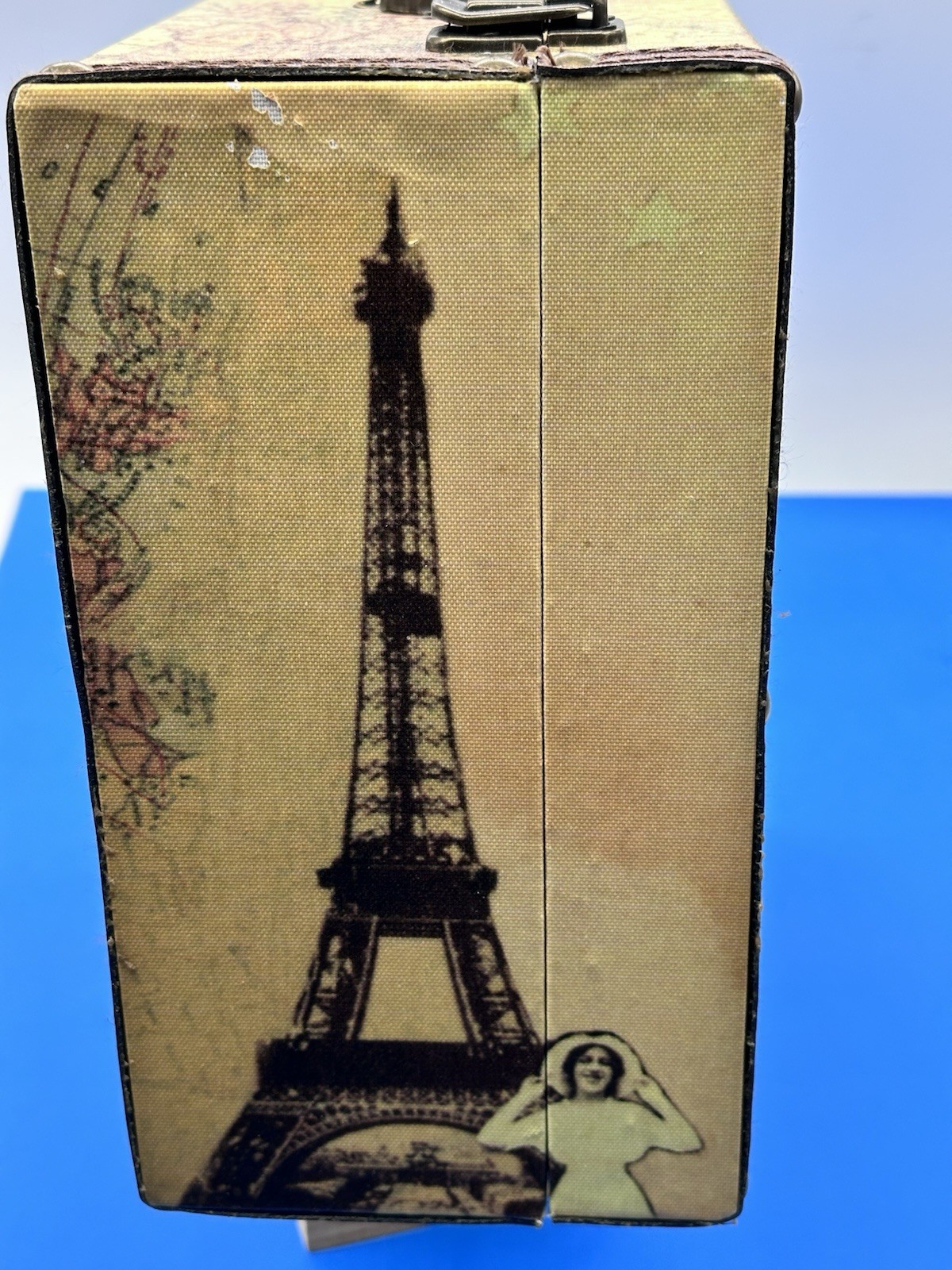 Vtg Style Decorative Wood Retro Parisian Suitcase Eiffel Tower/Map/1926/Buckles