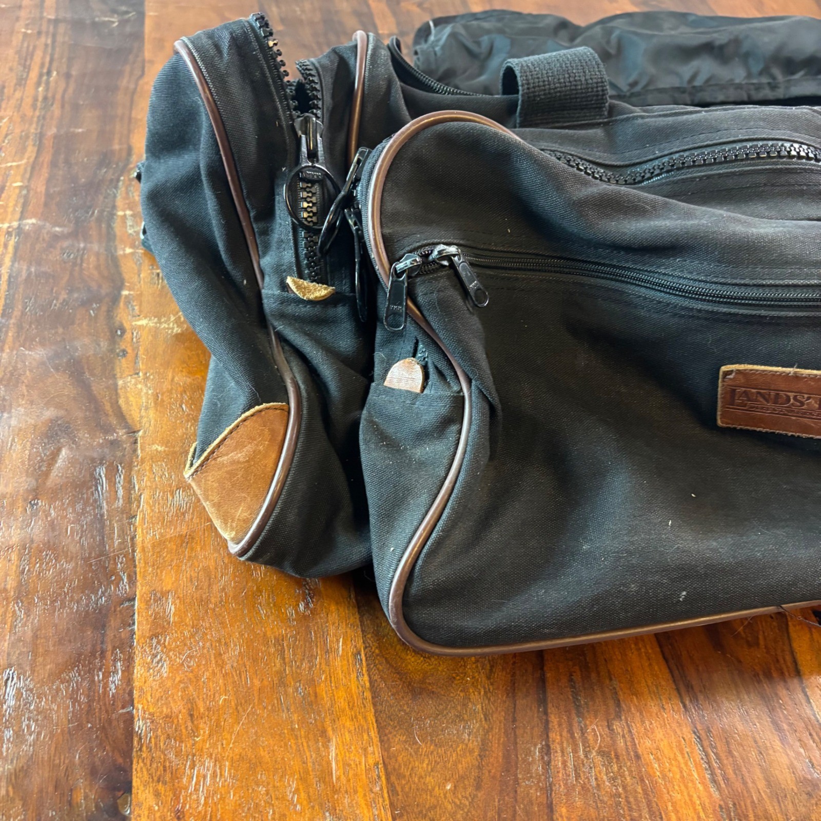 Vintage Lands End Black Canvas Leather Trim Duffle Bag Made in USA Monogram EML