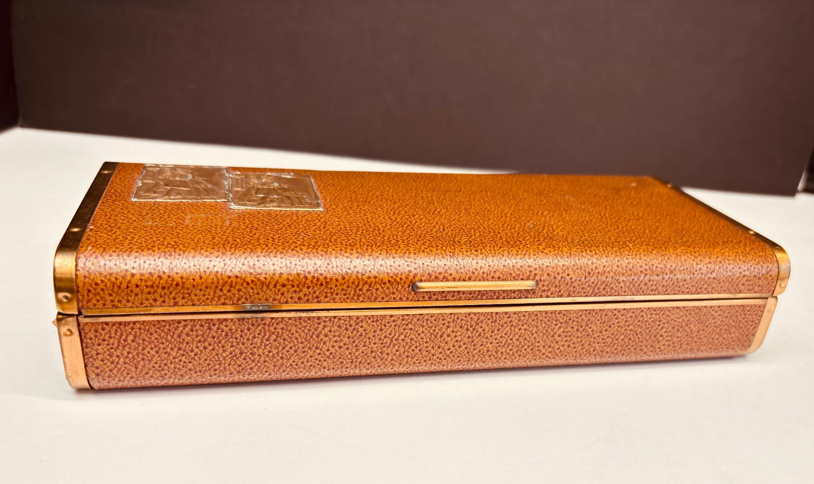 Vintage Farrington Genuine Texol Travel Jewelry Case Brass Trim Victorian Plaque