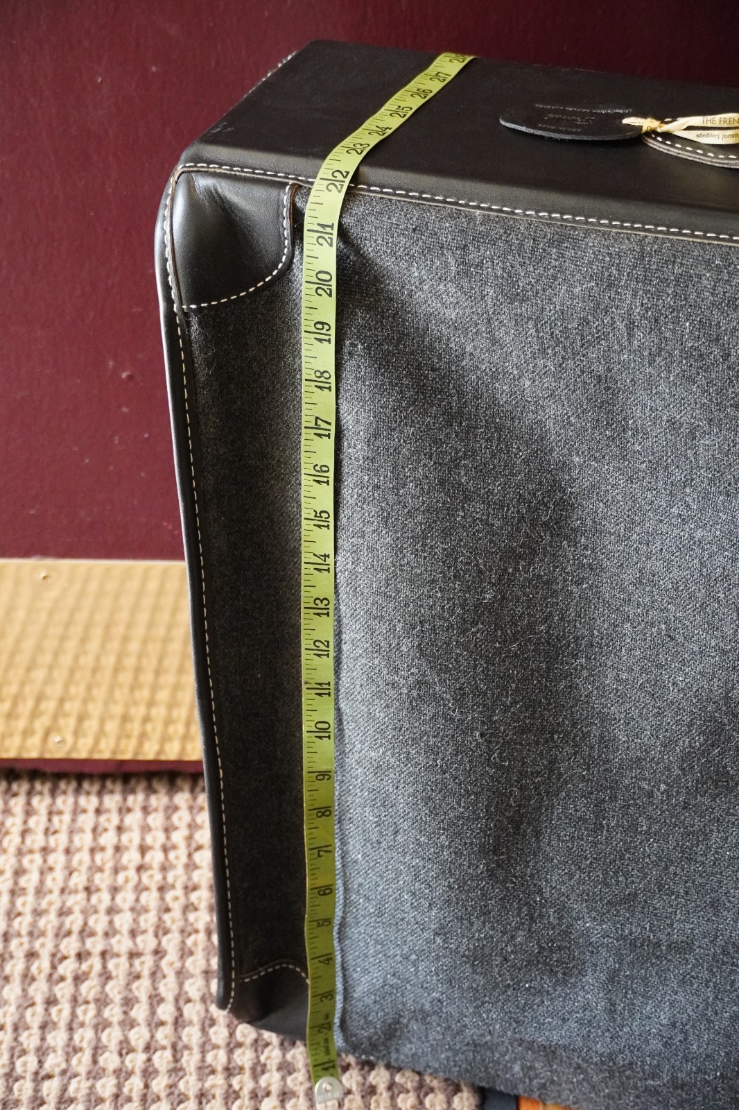 VTG 1960’s French Luggage Gray Tweed Black Red Leather Trim Suitcase 28”X22″ Key