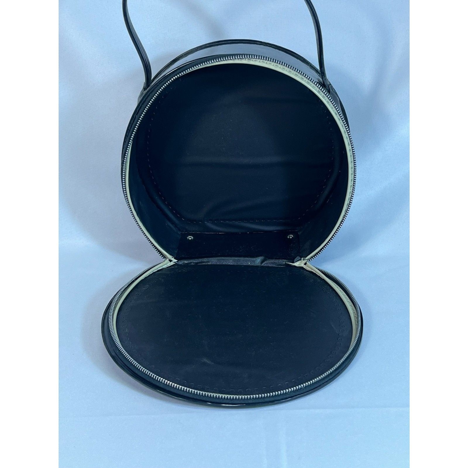 Vintage Judy Lee Jewels Black Patent Cosmetic Vanity Case Hat Box Mid Century
