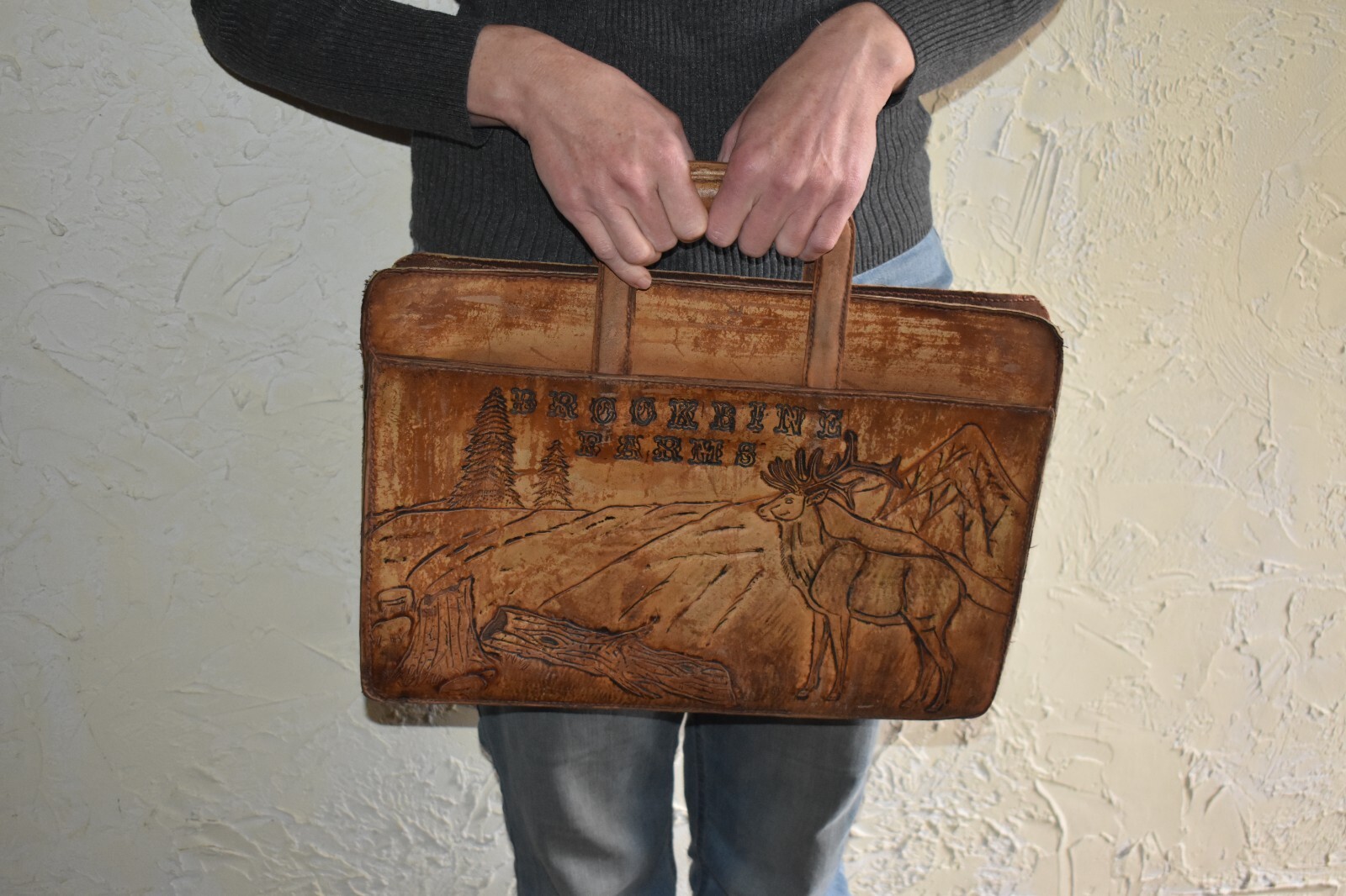 Authentic Original Hand Tooled Briefcase Brookline Farm Scene And Wildlife Scene