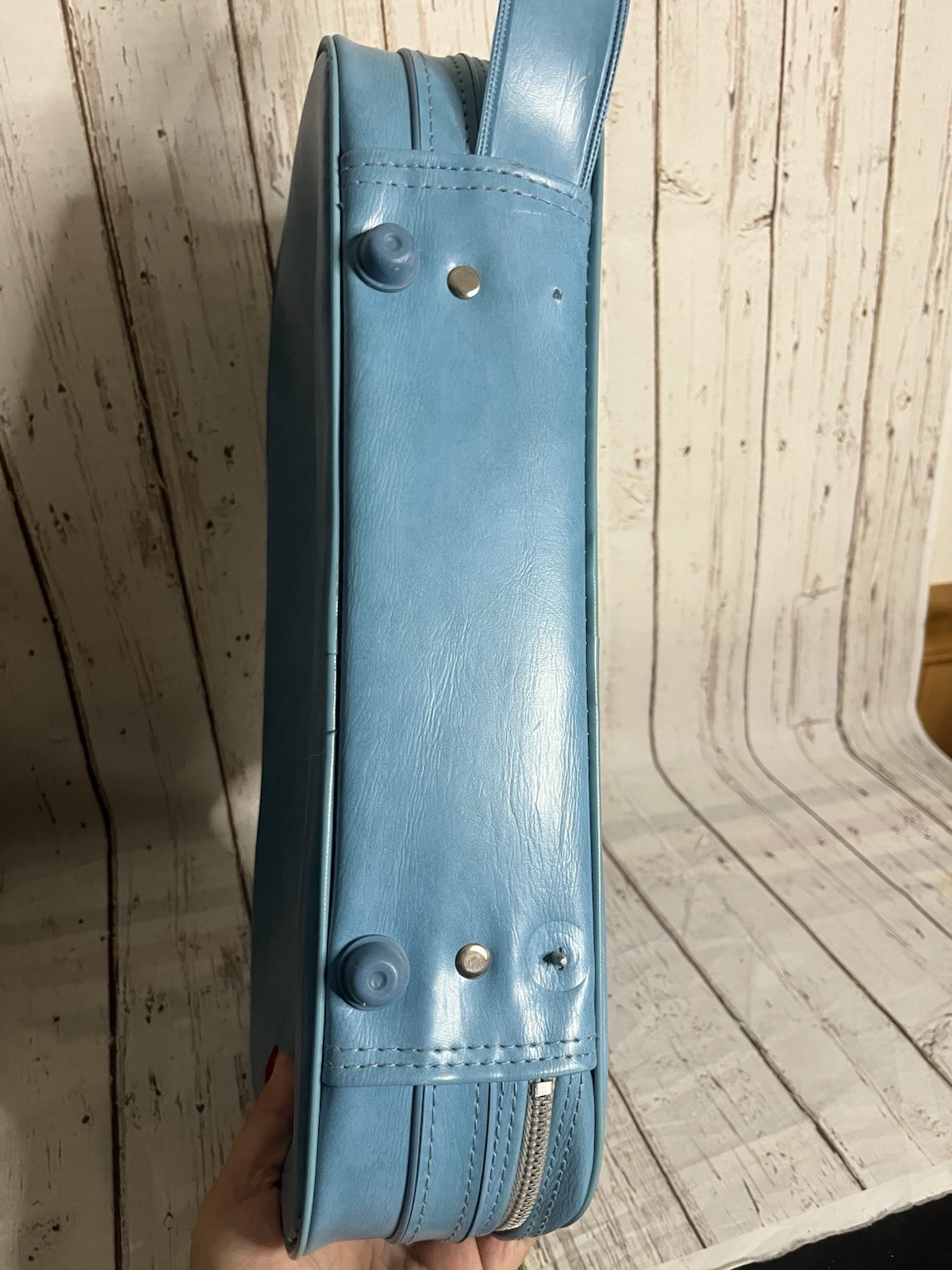 Small Suitcase Vintage Day Bag Retro Blue Vinyl Zip Up 1970s Decor Prop