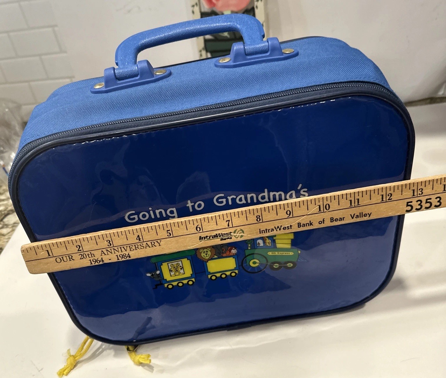 VTG Blue Going to Grandmas Kids Suitcase Mercury Luggage Animal Circus Train SEE