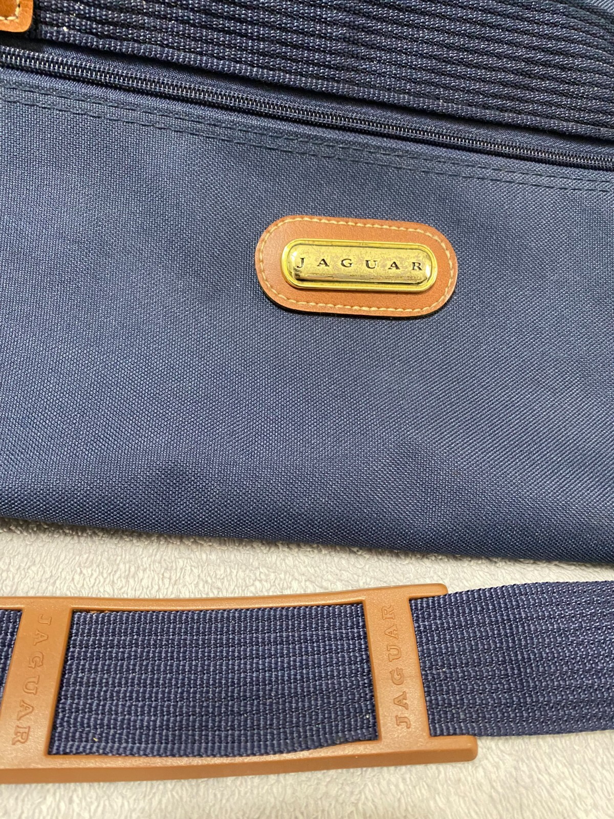 Vintage JcPenny Jaguar Suitcase Roller Luggage Bag Blue PolyesterTan Leather 26”