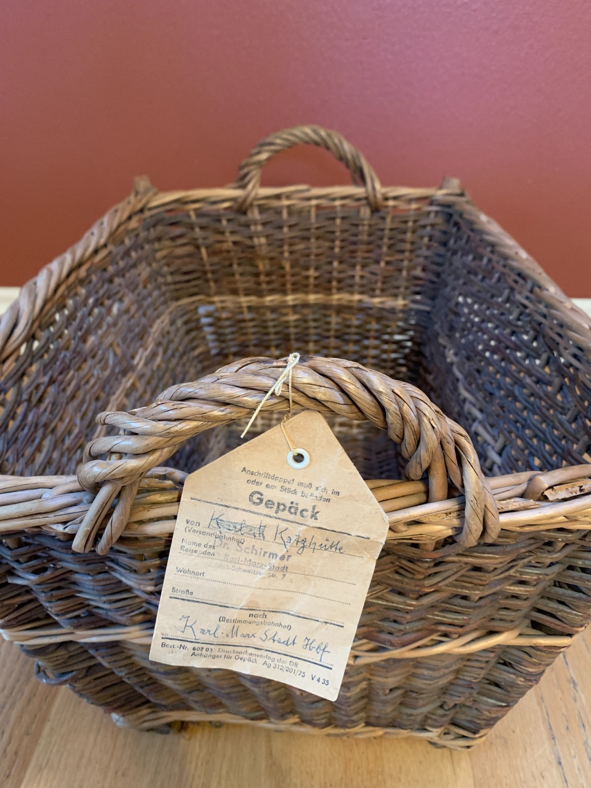 Vintage Woven Basket w/ Original Deutsche Reichsbahn Luggage Tag Karl‑Marx‑Stadt
