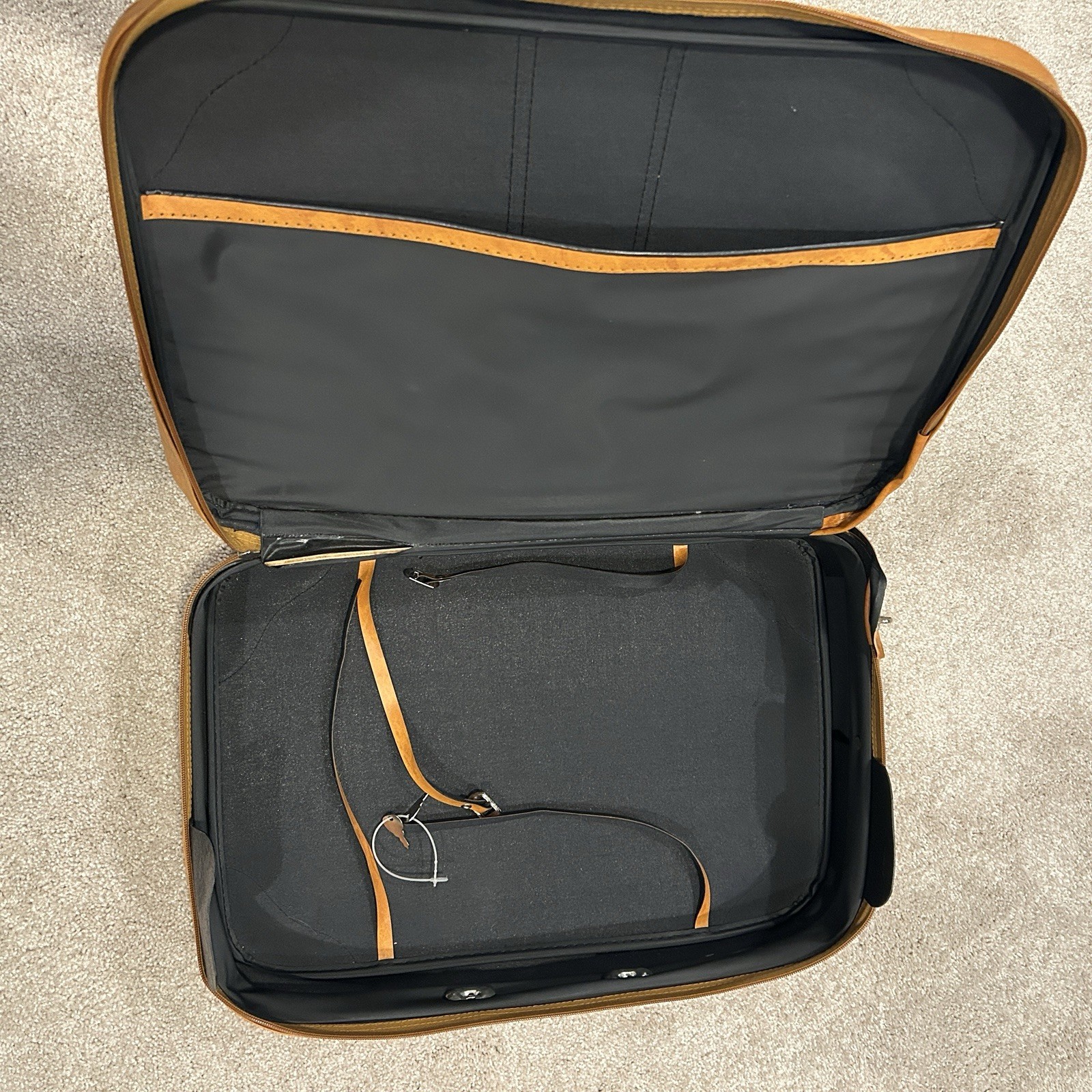 Vintage Semi‑Rigid Suitcase – Faux Leather w/ Woven Stripe