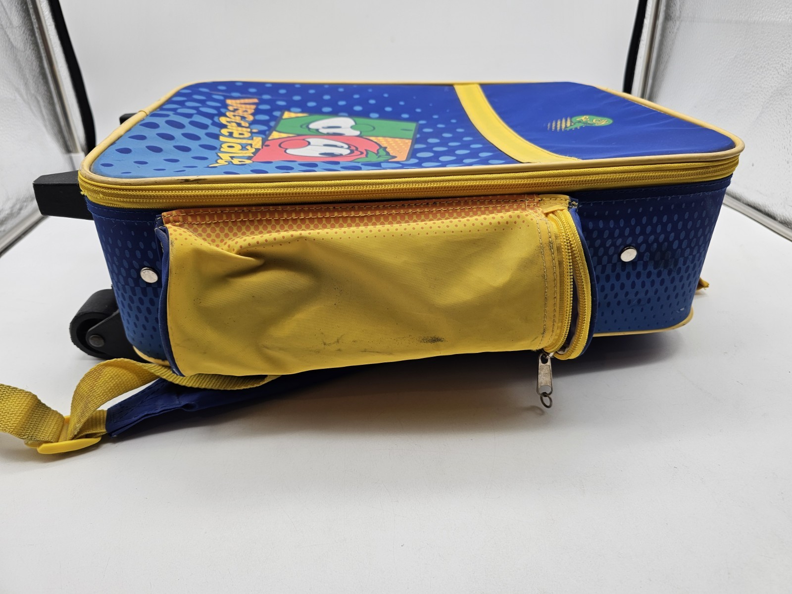 Vintage Veggie Tales Kids Rolling Suitcase Blue And Yellow Vacation 16”x12”