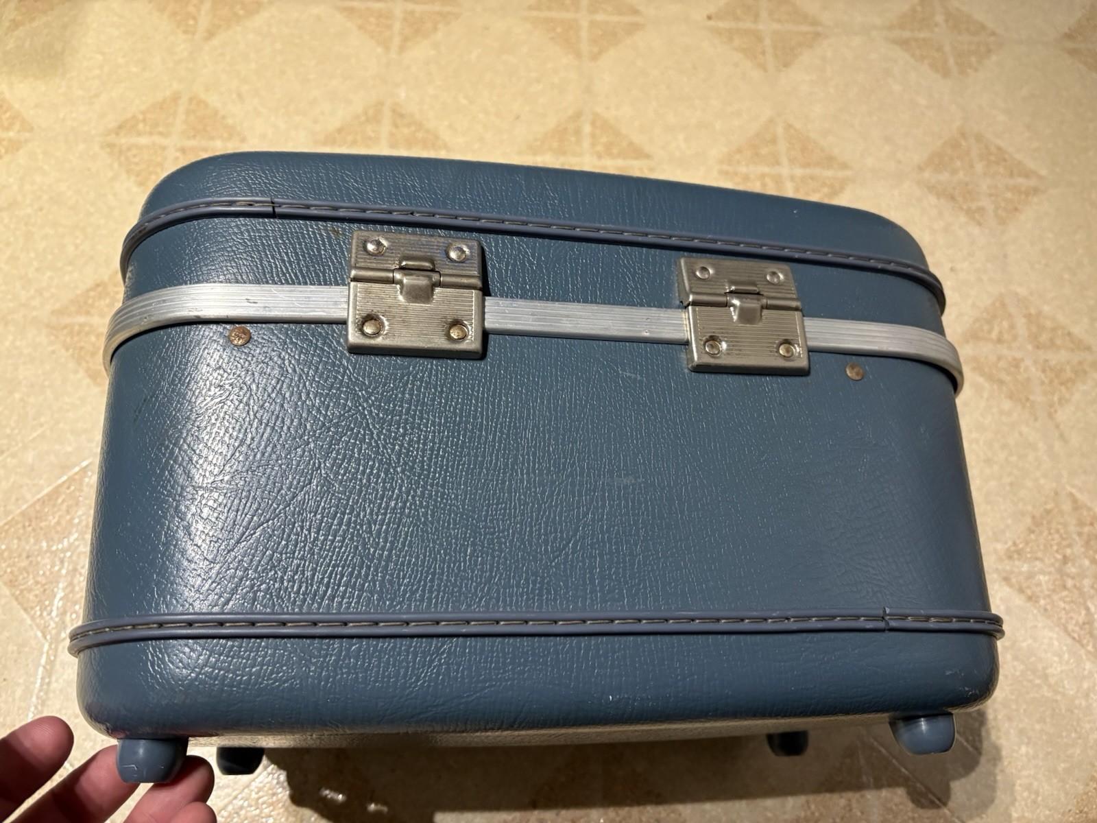 Maximillian train/ Cosmetic Case Blue Hard Shell With Pink Fabric