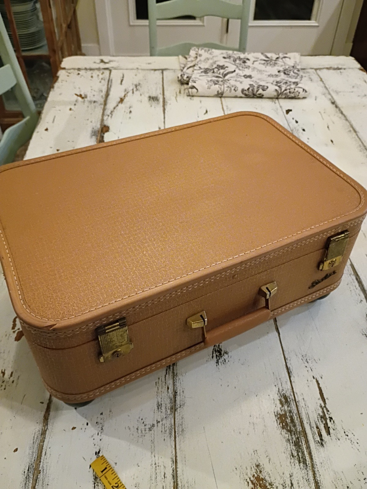 Vintage STARLINE SUITCASE 1950-60s End Table Soho Hippie Coral Tan Farmhouse