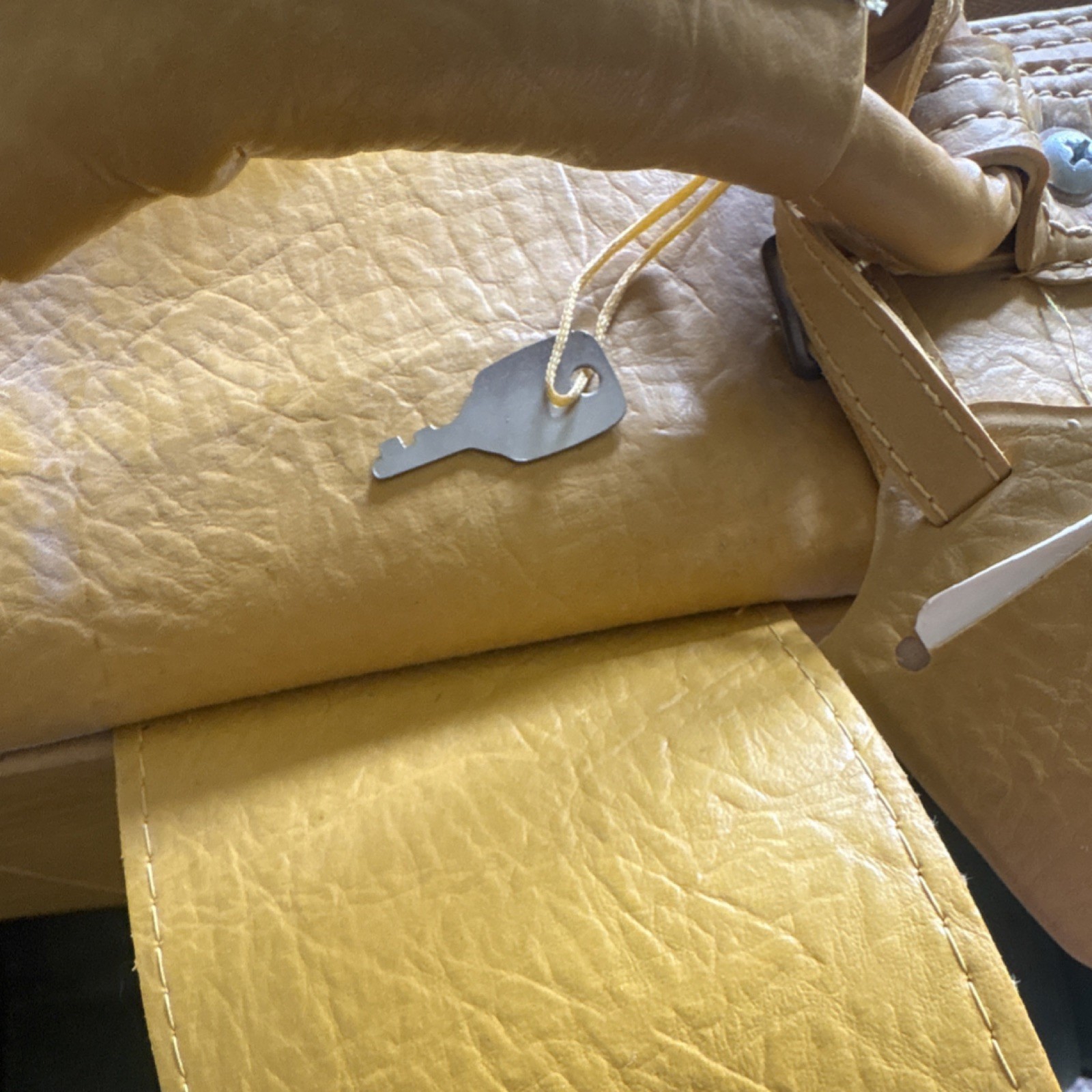 Vintage Yellow Faux Leather Hard Suitcase with Lock, Tie-Down Straps