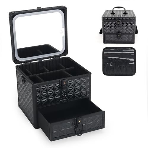 Makeup Case with Drawer, Detachable Lighted LED Mirror, Travel Sparkling Black