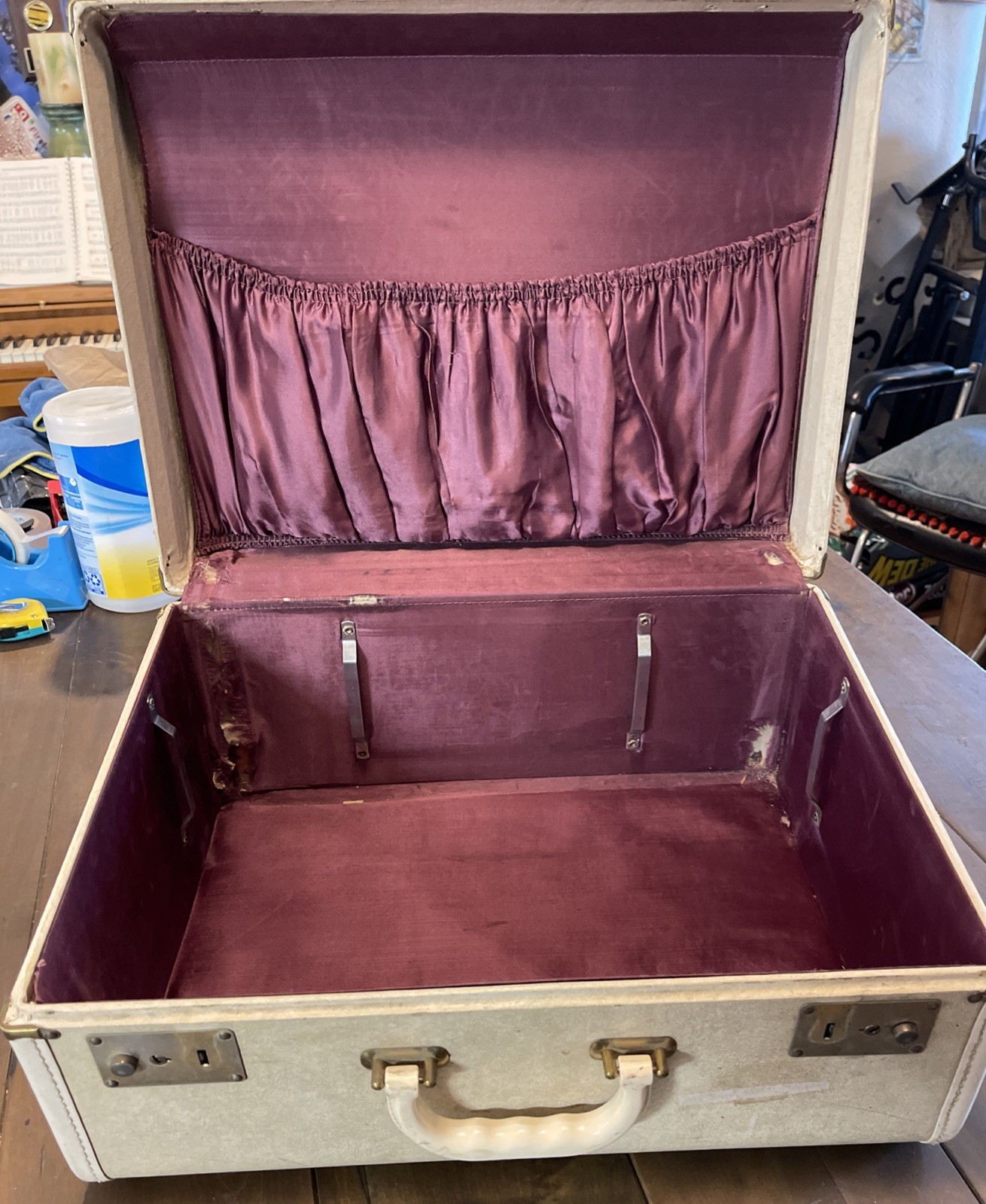 Vintage Large Wedge Suitcase Working Hinges Worn Cream W/ Tattered Purple Silk