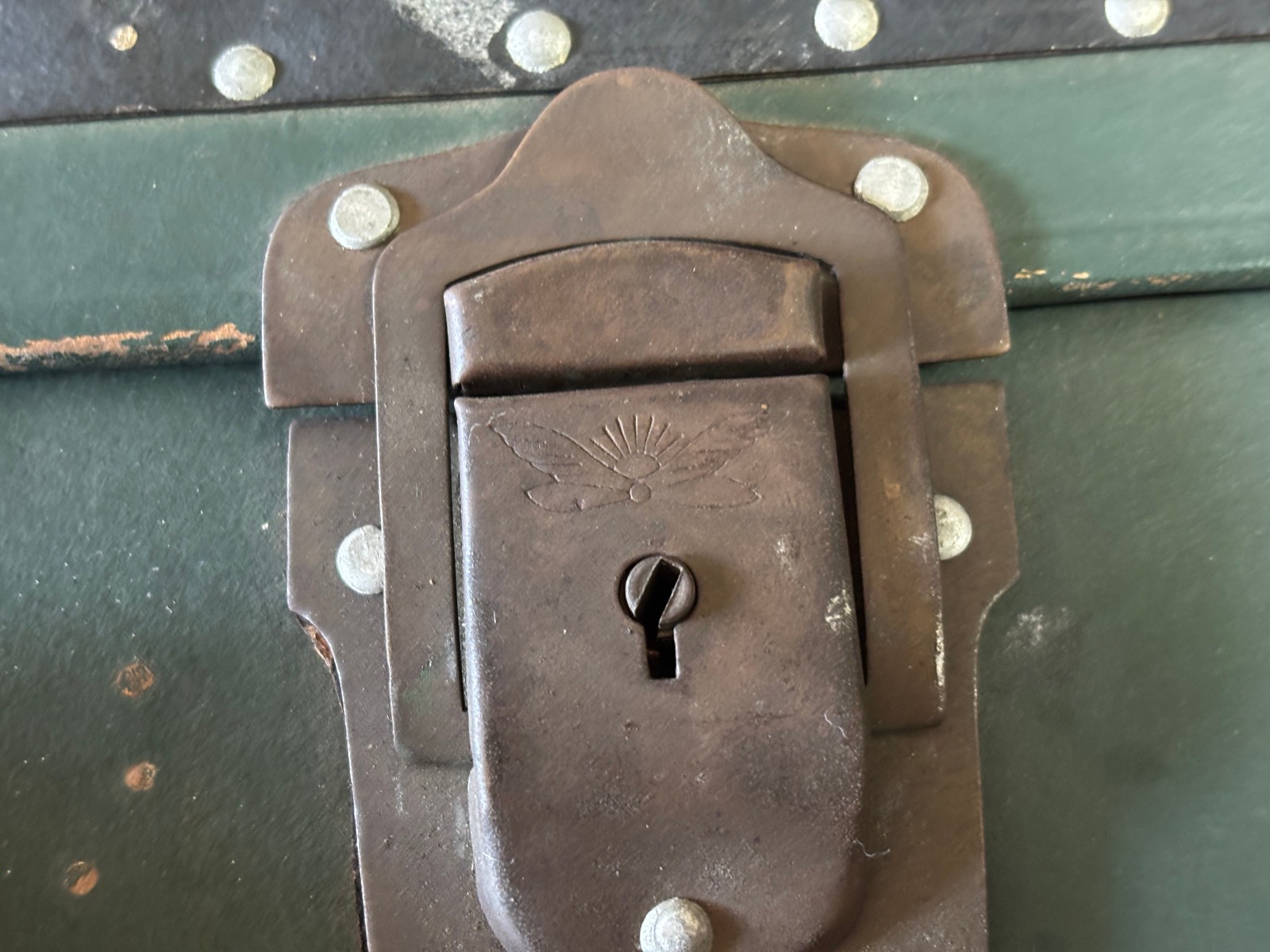 Antique Suitcase Riveted Binding Brass Hardware 1920’s Heritage Green & Black