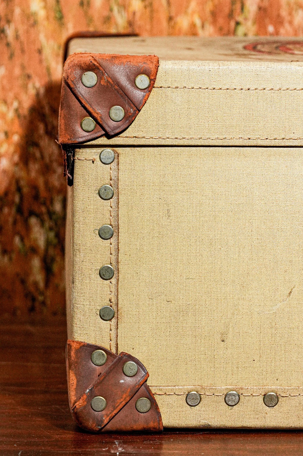 Neat 1930s Travel Trunk Luggage Suitcase Antique Leather Travel Decor Prop