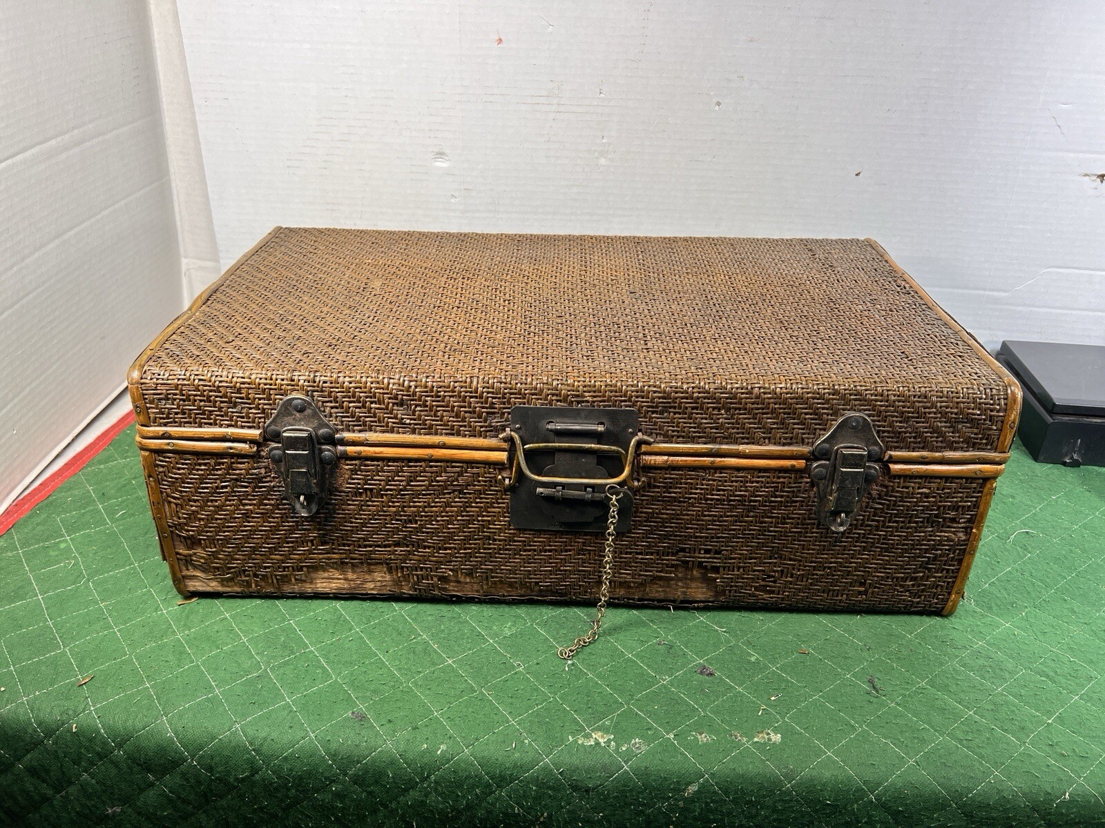Vintage Bamboo and Woven Rattan Suitcase with Metal Hardware MCM Trunk Small