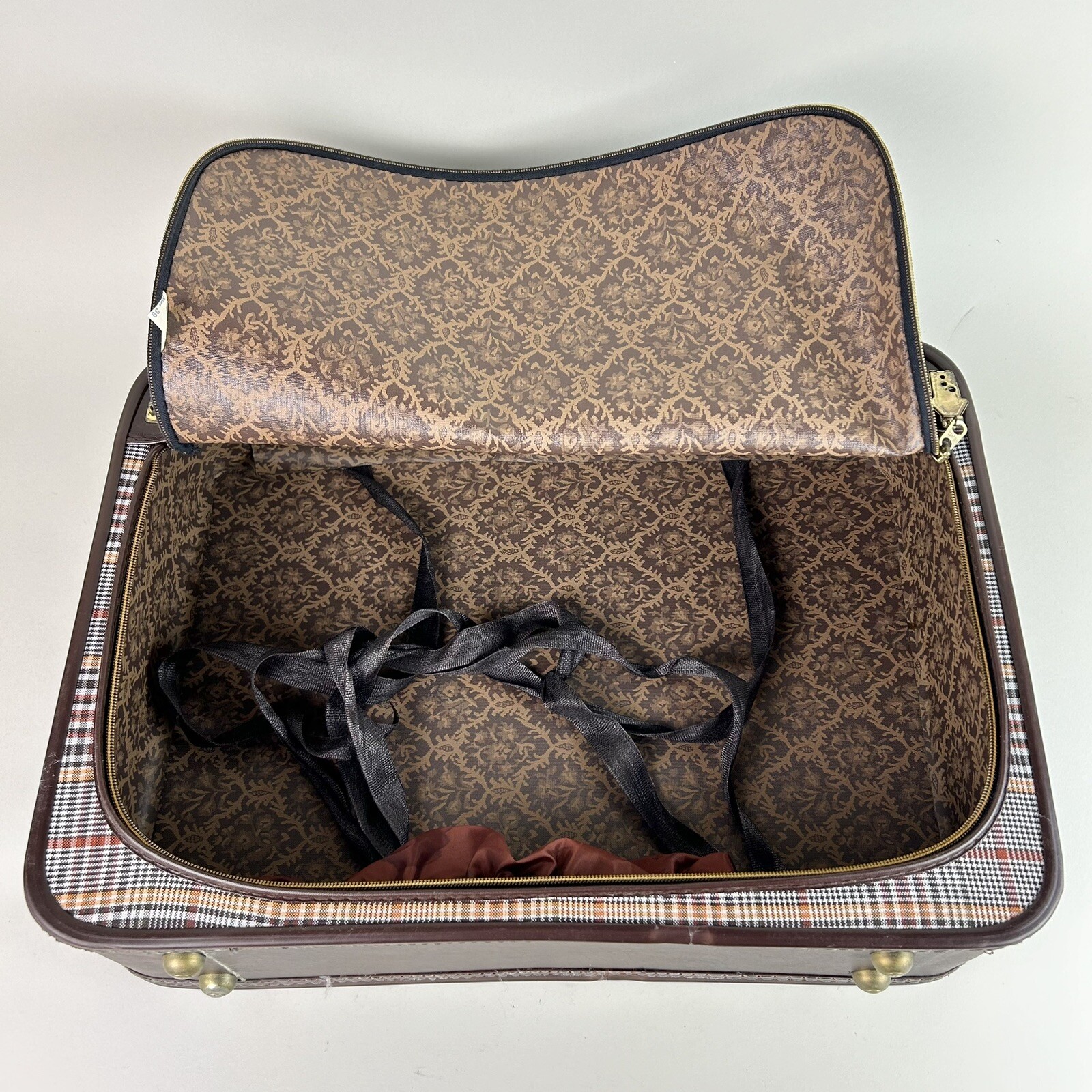 RARE Vintage Monarch Suitcase WITH KEY Faux Leather Brown Plaid Design Zipper