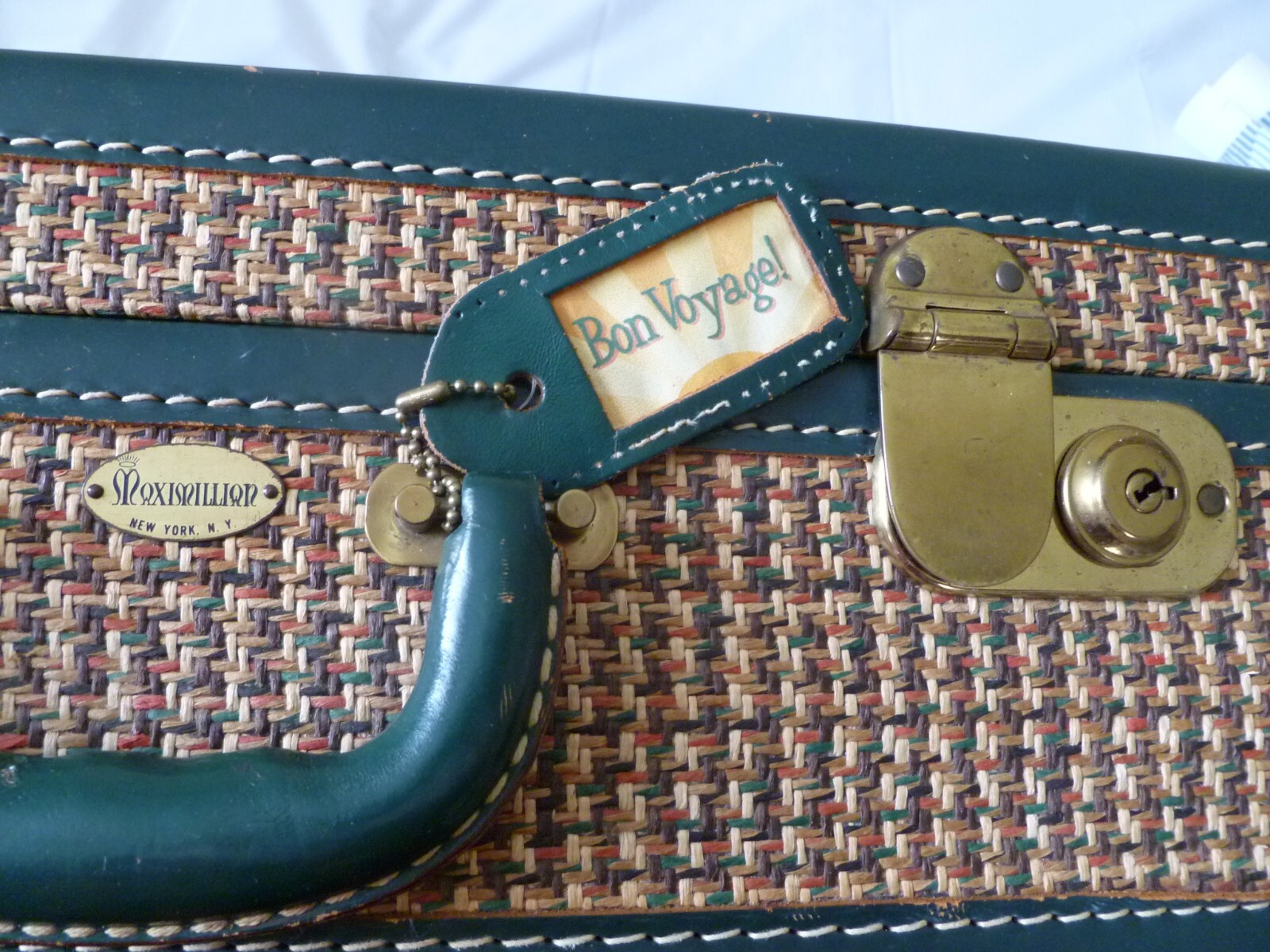 Vintage 1940’s Maximillian New York Travel Suitcase Luggage Tweed Leather Brass