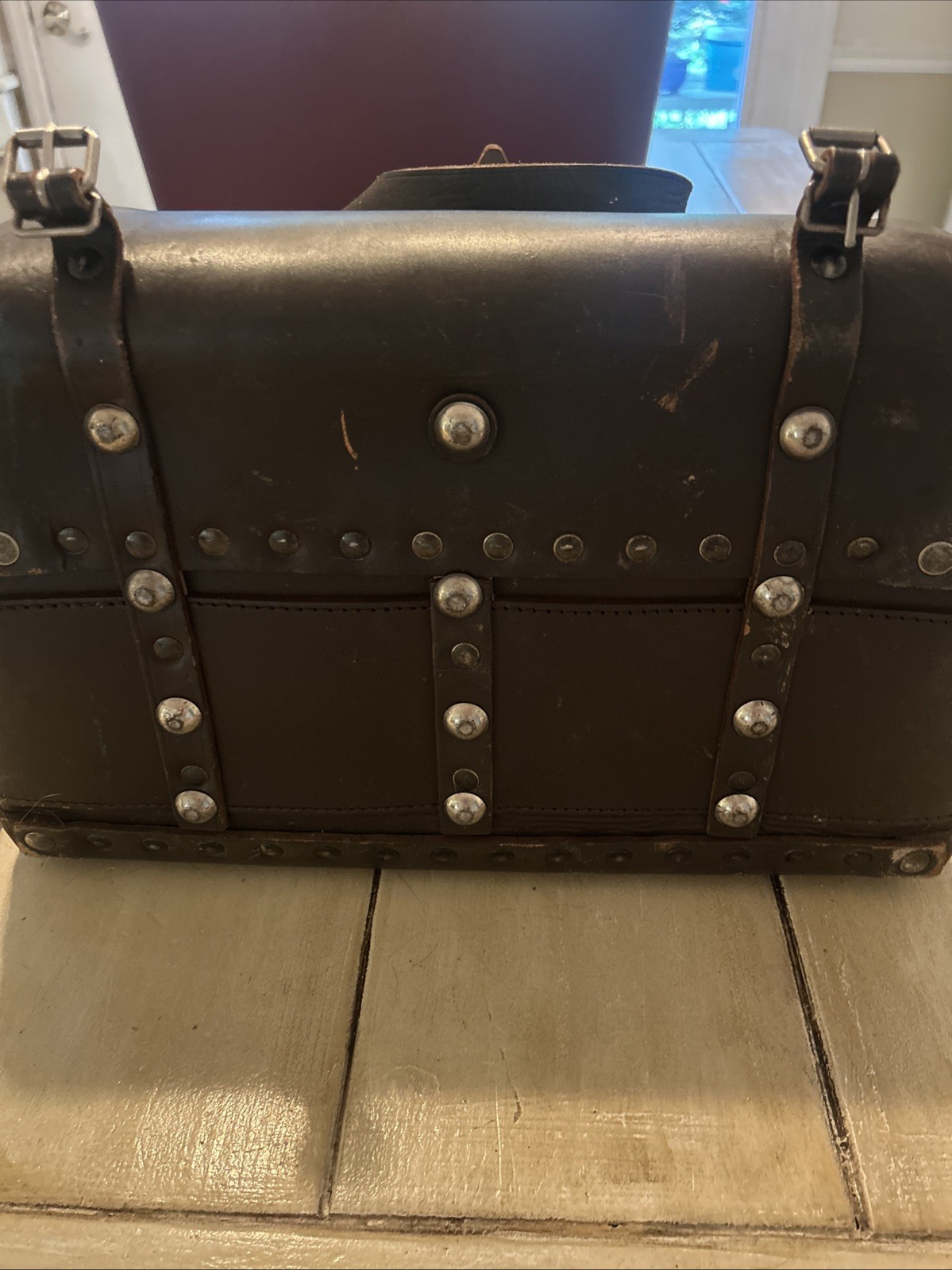 Beautiful Heavy Thick Leather RARE Riveted Train Case Bag SNCF Railways