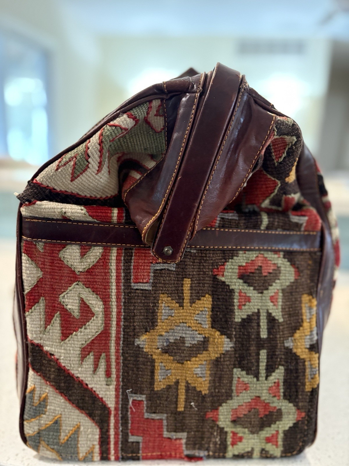 Vintage Leather & Kilim Carry On Travel Weekender Luggage Carpet Bag Overnight