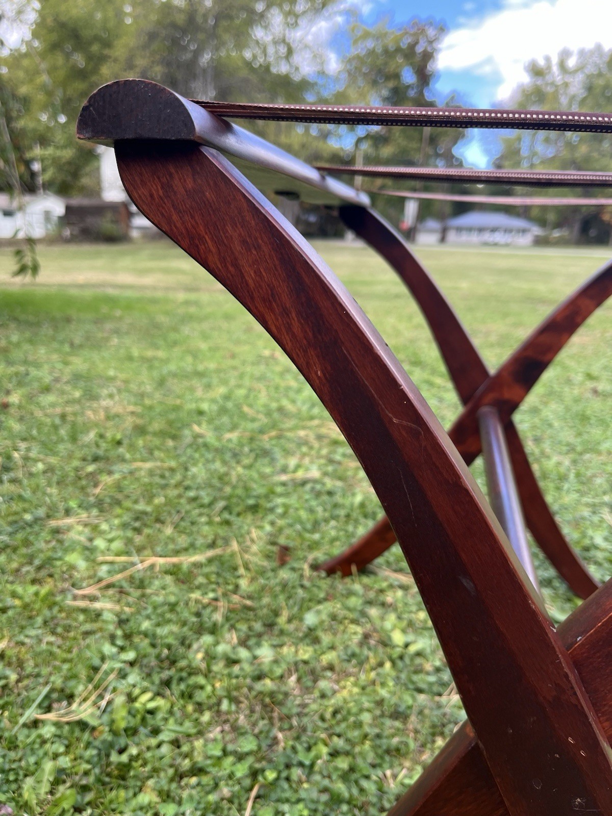 Vintage Folding Wooden Luggage Rack Mahogany Finish Floral Metal Tacks READ