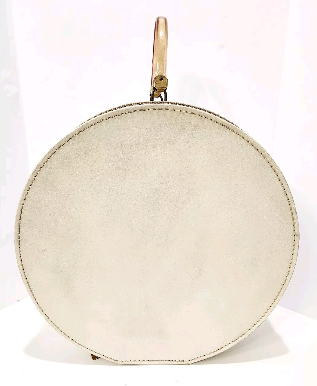 Vintage Round White 18″ Zippered Large Hat Box Train Case w/ Loop Handle 1960’s