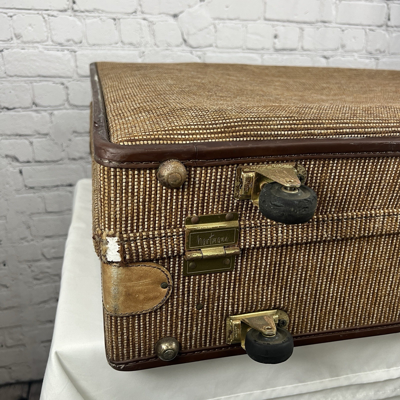 Vintage Hartmann Brown 2 Piece Suitcase Leather Tweed Wheeled Luggage Combo Lock