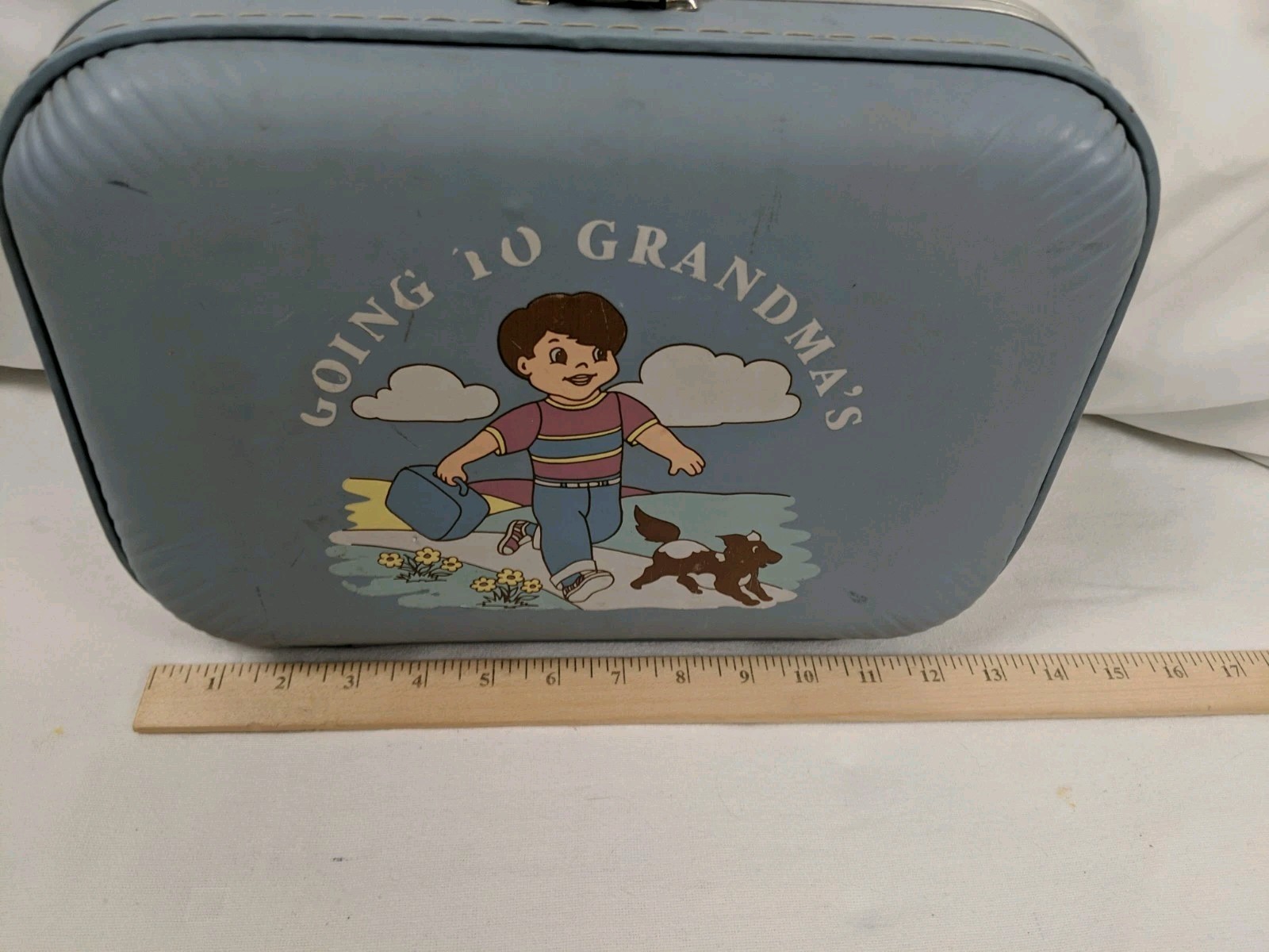 Vintage Going To Grandma’s Luggage Blue Hard Shell Child’s Suitcase Boy with Dog