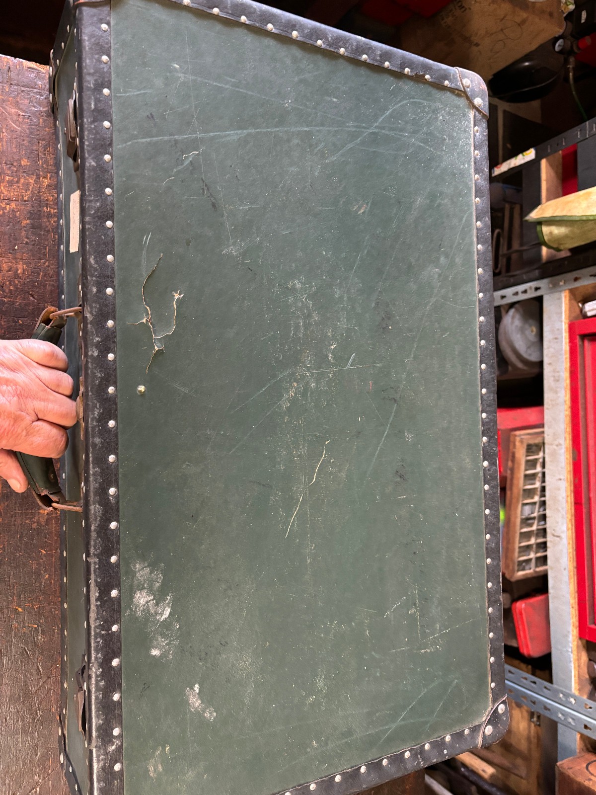 Antique Suitcase Riveted Binding Brass Hardware 1920’s Heritage Green & Black
